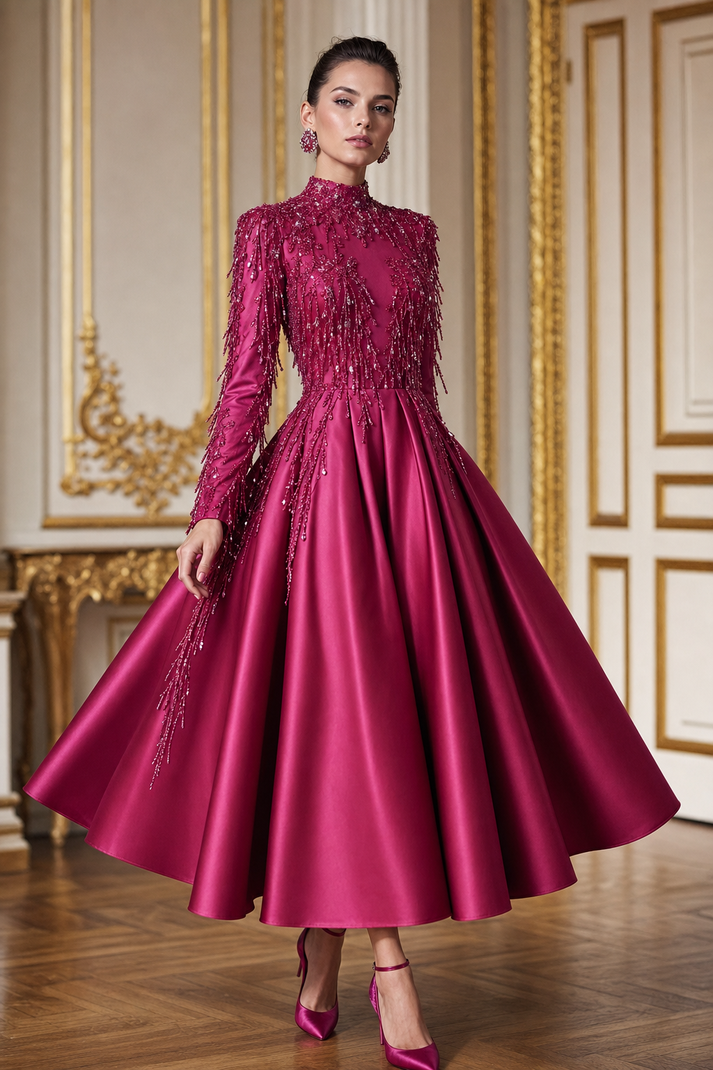 Raspberry midi dress long sleeve with fringes on the top half the dress with raspberry fringe and rhinestone fringe. Bottom half the dress plain.
Haute Couture fashion design: Raspberry silk midi dress. Fitted bodice, voluminous skirt. Long sleeves. Elaborate hand-sewn raspberry fringes and crystal rhinestones adorn the top. Flawless construction.