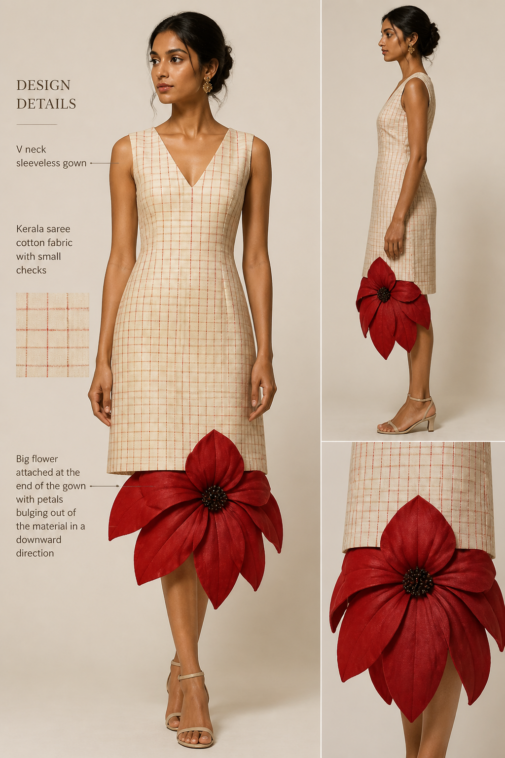 V neck designer neck knee length gown with a red big flower attached at the end of the gown for which the petals are bulging out of the gown material. The gown material should be at the level of knee but the red big flower petals should come out of the material in a downward direction. The gown material should be a kerala saree cotton material with small checks.
V neck designer neck knee length gown with a red big flower attached at the end of the gown for which the petals are bulging out of the gown material. The gown material should be at the level of knee but the red big flower petals should come out of the material in a downward direction. The gown material should be a kerala saree cotton material with small checks.