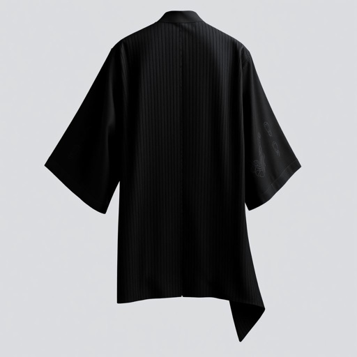 Design a men's kimono with a futuristic aesthetic, blending minimalist. Line vertical. Shaman futuristic. Black 