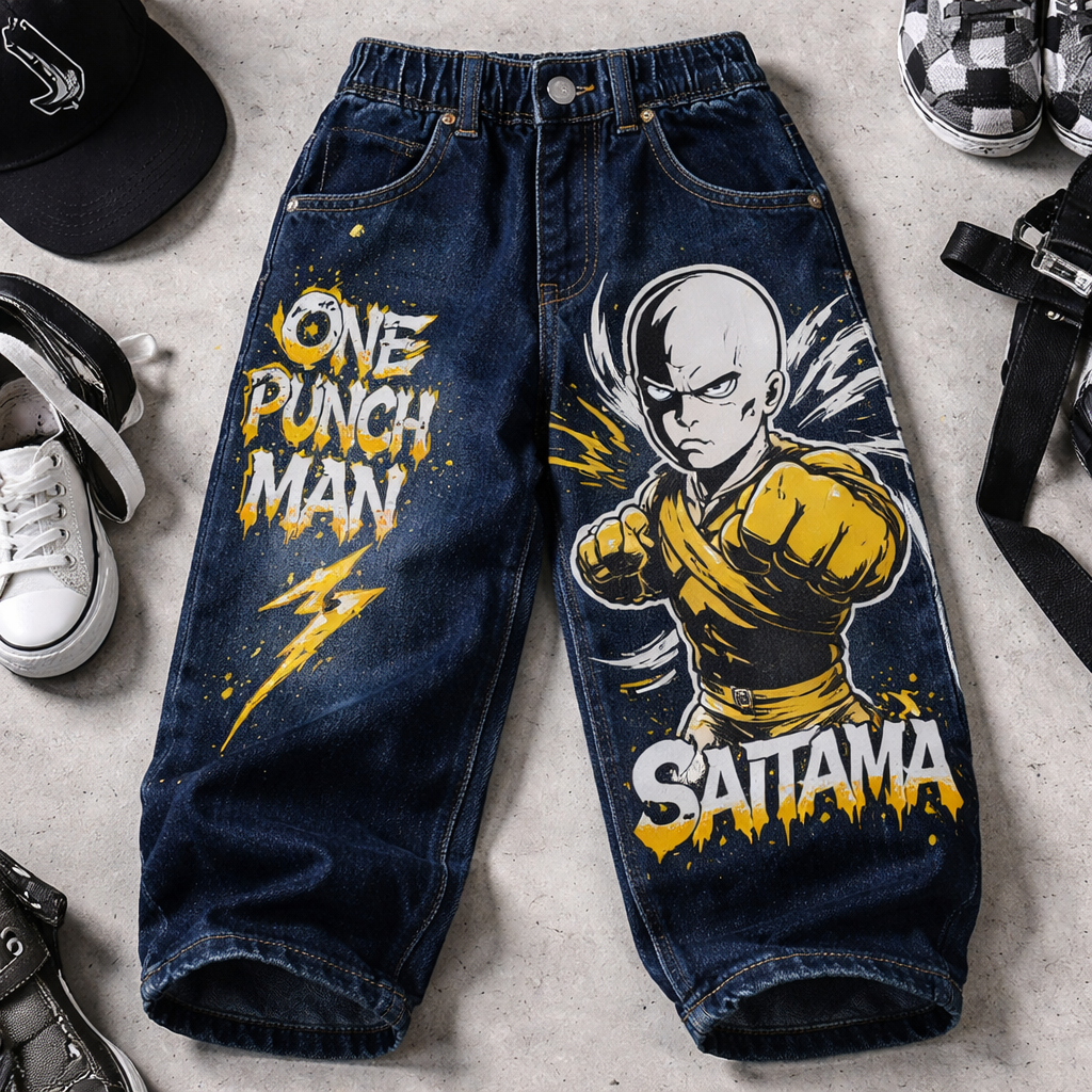 as a fashion designer and coustom hand painter designer with over than 10 years experience in that niche a boy kid hand painted dark blue jeans inspired by sitama character theme and typography making the drawing outlined only not filled keep it simple and creative,unique ,elegant eye drowning and street wear
Streetwear fashion design: Streetwear: Kids' dark blue jeans, hand-painted Saitama character outline and typography. Relaxed fit. Thick cotton denim.