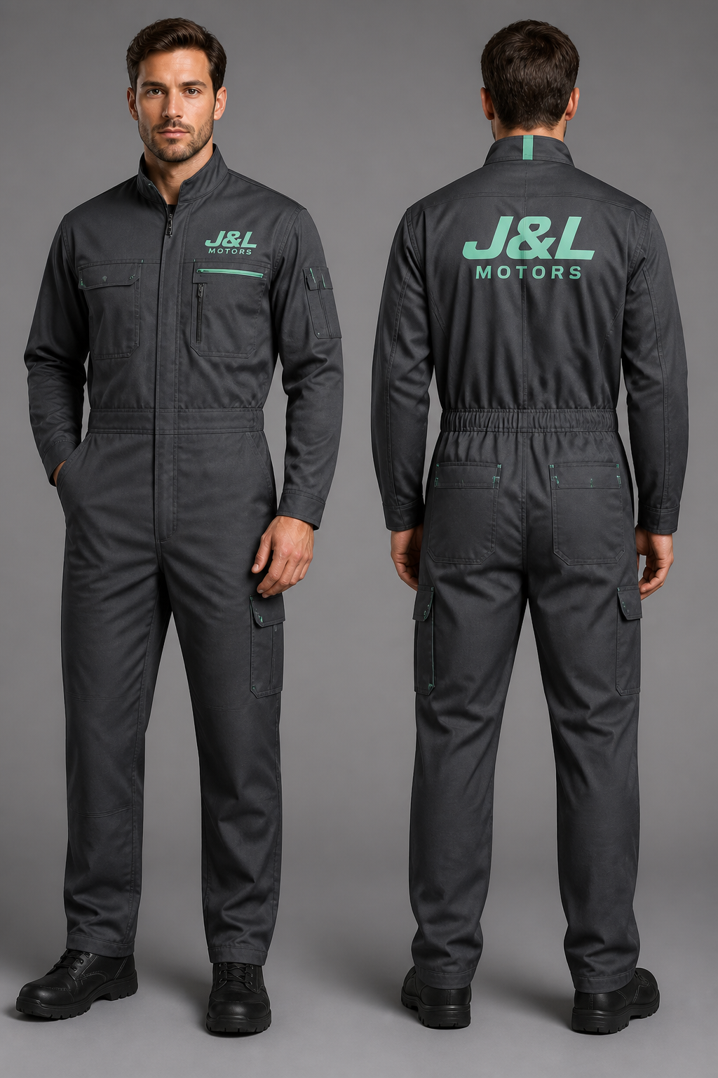 Mechanic full body suit in the color charcoal gray with J&L motors logo in mint green
Mechanic full body suit in the color charcoal gray with J&L motors logo in mint green
