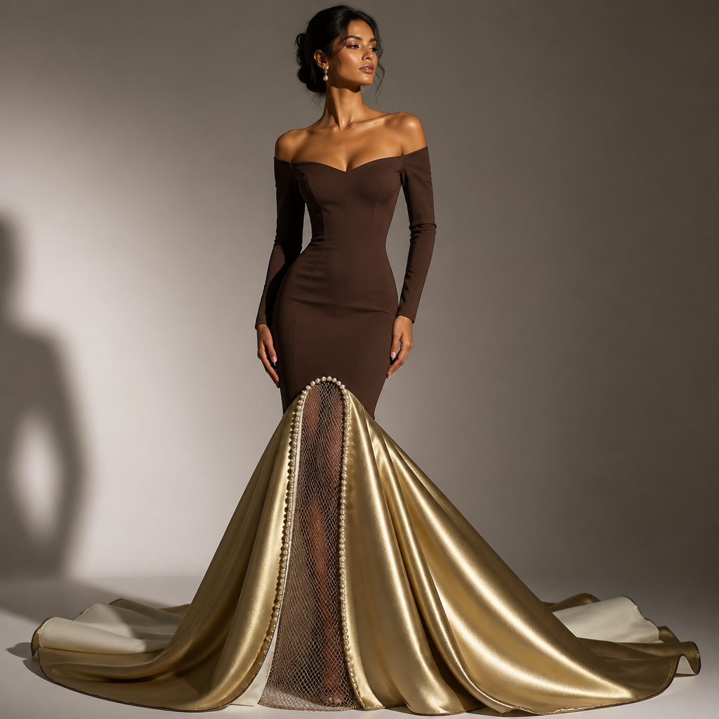 Off-the-shoulder, long-sleeve, timeless, modest mermaid gown with a piped chocolate-brown oyster bodice extending to mid-thigh and a gold avant-garde train starting at the knees, with a pure white inner lining like the nacre inside a clam. The slip under the dress should be of metallic netting with lines of pearls gracing the bottom of the netting. The model should be wearing a large gold-plated neck adornment alike the cymbal instrument.
Off-the-shoulder, long-sleeve, mermaid gown. Brown oyster fabric bodice to mid-thigh. Gold avant-garde train from knees, white lining. Metallic netting slip with pearl trim. The silhouette is bodycon to flare. Fabric is structured and flowing. No pattern, solid colors.