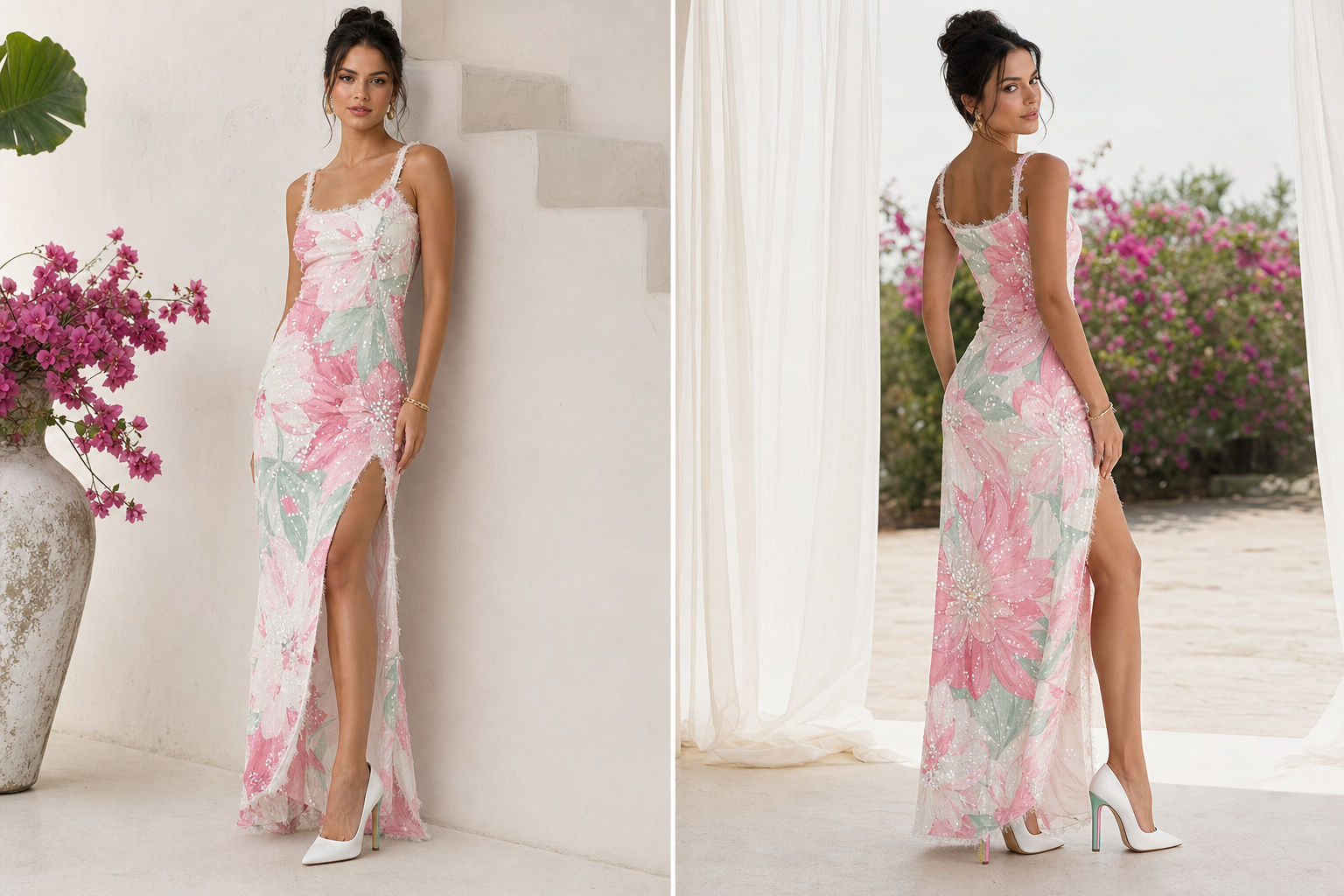 Long tight pink and white flower dress with straps and slit on side of dress. Mint green leaves on flowers. Dress frayed on bottom of dress and frayed on straps. Few white sequences scattered all over dress. White high heel shoe with half mint green heel and half pink heel.
Contemporary fashion design: **Contemporary Floral Garden Dress**
**Silhouette:** Flowing, body-skimming column with a high side slit.
**Fabric:** Soft, crisp cotton.
**Pattern:** Large-scale pink and white floral motif with subtle mint green leaves.
**Fit:** Form-fitting through the bodice, relaxed through the skirt. Raw, frayed hem and strap edges. Scattered white sequins for a delicate shimmer.
**Footwear:** White stiletto heels with a color-blocked mint green and pink heel.