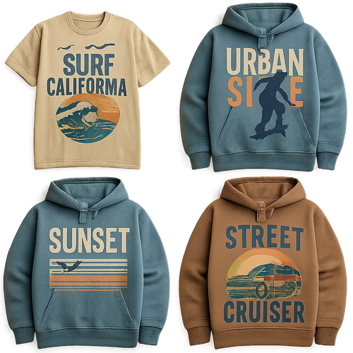 Create a variety of streetwear-style t-shirt and hoodie graphics and logos, featuring bold, trendy designs inspired by California surf vibes and urban lifestyle. Include abstract patterns, oversized typography, retro logos, subtle animal motifs like seagulls, waves, sunsets, skaters, or cars. Designs should be youthful, casual, and edgy, suitable for screen printing on apparel. Use muted pastels, washed denim blues, and earth tones, with clean lines and modern style. Vector-ready, high-detail, wearable streetwear aesthetic logos, including novry