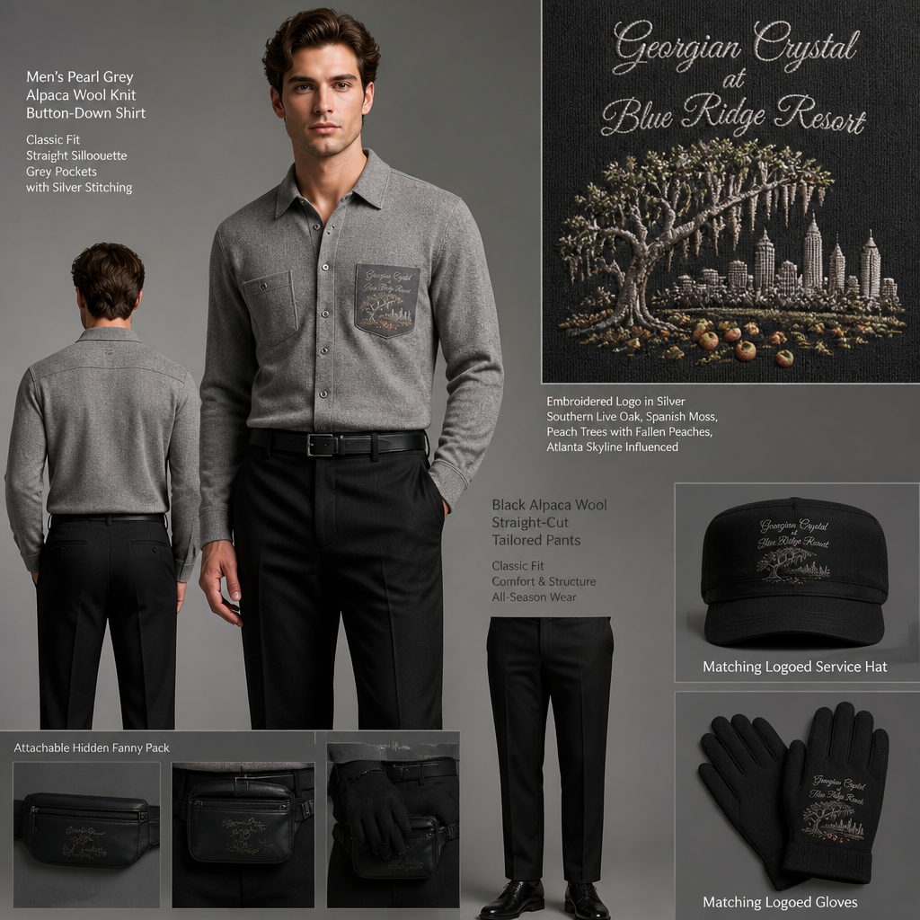 Pearl Grey long-sleeve knit alpaca wool button-down. Make sure grey pockets have silver stitching. Include an attachable, black sleek, hidden fanny pack to hold pens, a small pen pad, front office cordless phone, and front office keys. The front pocket logo should have the business name "Georgian Crystal at Blue Ridge Resort" embroidered with silver stitching only in cursive font. Include a silver-embroidered Southern Live Oak Tree with Spanish Moss and Peach Trees with fallen peaches influenced by the Atlanta skyline within front pocket logo. Please create a design for men only. Logo should be located on the front of the button-down. Include a logoed service hat and gloves for bellmen. Black alpaca wool straight-cut tailored pants should have black stitching
Men's Pearl Grey alpaca wool long-sleeve knit button-down shirt. Classic fit, straight silhouette. Grey pockets with silver stitching. Black alpaca wool straight-cut tailored pants. Features attachable hidden fanny pack. Front pocket embroidered logo: "Georgian Crystal at Blue Ridge Resort" in silver cursive, Southern Live Oak, Spanish Moss, and Peach Trees with fallen peaches, Atlanta skyline influenced. Matching logoed service hat and gloves.