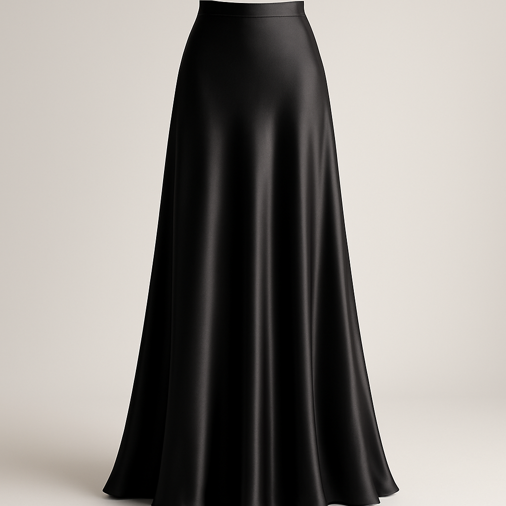 A luxury fashion product photo for an online store. A female model wears a maxi satin skirt in black . The skirt is the main focus: silky, fluid texture, premium high-quality fabric, elegant drape. Minimal styling, no blazer, no jacket, no accessories. Neutral studio-like background, soft daylight, ghost mannequin 3D/4D effect to highlight the skirt shape. Clean, minimal, professional e-commerce photography.
A female model wears a floor-length black satin maxi skirt. Fluid A-line silhouette, bias cut. The skirt is the main focus: silky, flowing fabric, elegant drape. Minimal styling. Neutral studio background, soft daylight, ghost mannequin effect. Clean, minimal, professional e-commerce photography.
