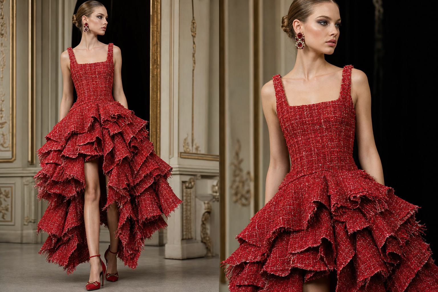 Short sleeveless dress in red tweed. With bottom half dress below waist with layers of ripped red tweed ruffles. Top half of dress thicker straps about three inches.
Haute Couture fashion design: **Haute Couture Enhancement:** Short sleeveless dress, vibrant red tweed. Fitted bodice, wide shoulder straps. Skirt flares dramatically from the hip, featuring cascading layers of artfully distressed tweed ruffles. Impeccable tailoring.