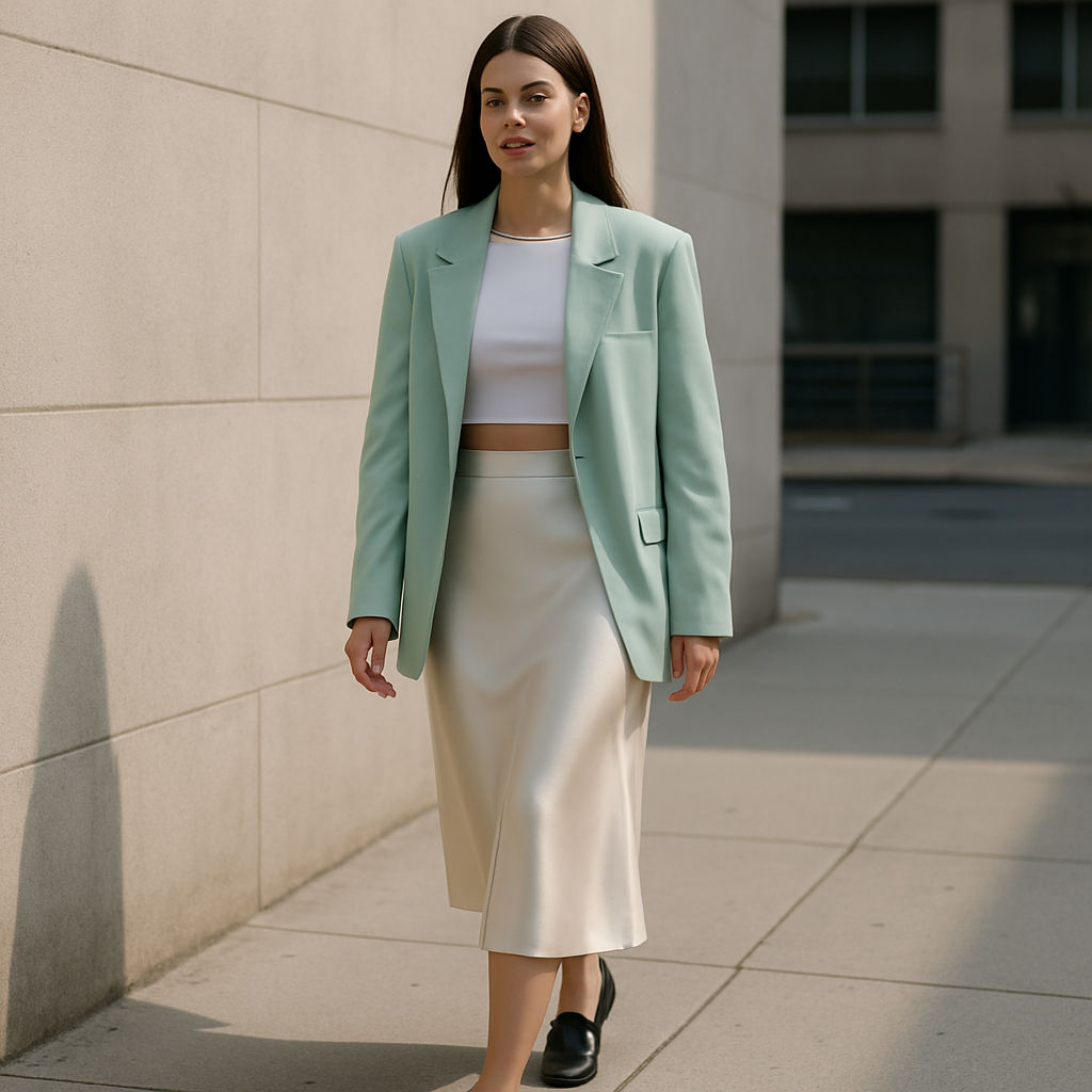 Street style full-body fashion photo of a female model walking confidently in a modern city street. She wears a silky ecru satin midi skirt, a fitted white crop top, and a pastel mint oversized blazer. The outfit is styled as a total look, trendy and Instagram-friendly. Show the complete model from head to toe, do not crop the body. Highlight the shiny silky texture of the satin skirt and the fresh pastel mint blazer contrast. Natural daylight, urban background, realistic high-quality photography.
Minimalist fashion design: Minimalist Street Style: Full photo of a female model walking confidently. She wears a silky ecru midi skirt, a white crop top, and a mint oversized blazer. Clean lines, simple shapes. Focus on smooth silk texture and soft color contrast. Natural light, urban background.