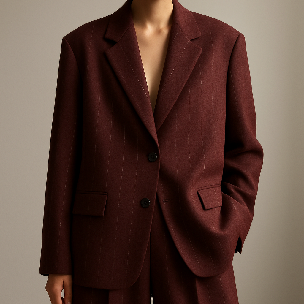 A soft luxury fashion photo of a woman wearing an oversized blazer in deep burgundy wool fabric with subtle thin white pinstripes, single-breasted with one button, only two flap pockets on the lower front (no chest pocket), paired with high-waisted palazzo pants in the same burgundy wool pinstripe fabric. The fabric looks slightly textured and matte, not shiny, giving a cozy and elegant wool effect. Styled in a minimal studio setting, soft natural lighting, high-resolution fashion photography.”
Minimalist fashion design: Minimalist oversized burgundy wool blazer, single-breasted, with subtle thin white pinstripes. Paired with matching high-waisted wide-leg pants. Simple, clean lines, matte finish. Soft studio light emphasizes texture.