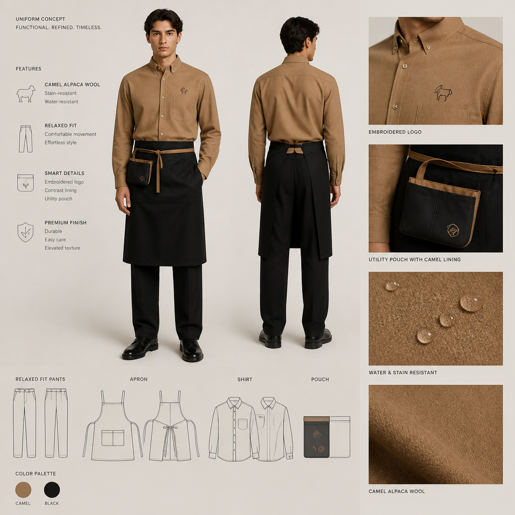 Create a uniform for male wait staff that is camel colored, tailored, relaxed fit, made of alpaca wool, stain-resistant, and water-resistant. Include pants and apron. Button-down shirt should be camel colored with Georgian Crystal at Blue Ridge Resort embroidered in black, pants should be black, and the apron and pouch should be black. The apron and pouch should have camel lining.
Uniform: Relaxed fit pants and apron. Camel alpaca wool fabric, stain-resistant, water-resistant. Button-down shirt, camel, embroidered logo. Black trousers. Black apron and pouch with camel lining.