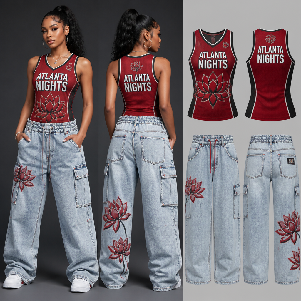 womens wait staff uniform with red sleeveless baseball fitted jersey with company name ATLANTA NIGHTS and light wash jean like scrunch waist baggy cargo pants all made of lotus flower
Women's uniform: Red lotus flower jersey, sleeveless, fitted. Company name "ATLANTA NIGHTS" on jersey. Light wash lotus flower denim, scrunch waist cargo pants, baggy straight leg.