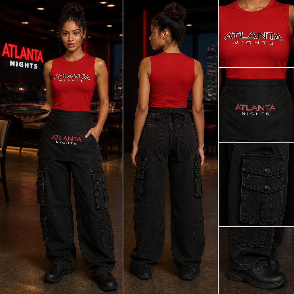 womens wait staff uniform with red sleeveless, fitted jersey with ATLANTA NIGHTS business logo tucked in with black baggy cargo fit denim with multiple pockets and relaxed, streetwear inspired and black non slip shoes. Include a black apron with the ATLANTA NIGHTS logo as well
Women's wait staff uniform: Red sleeveless, fitted jersey knit top with ATLANTA NIGHTS logo, tucked into black baggy cargo denim pants with multiple pockets. Black apron with ATLANTA NIGHTS logo. Black non-slip shoes.