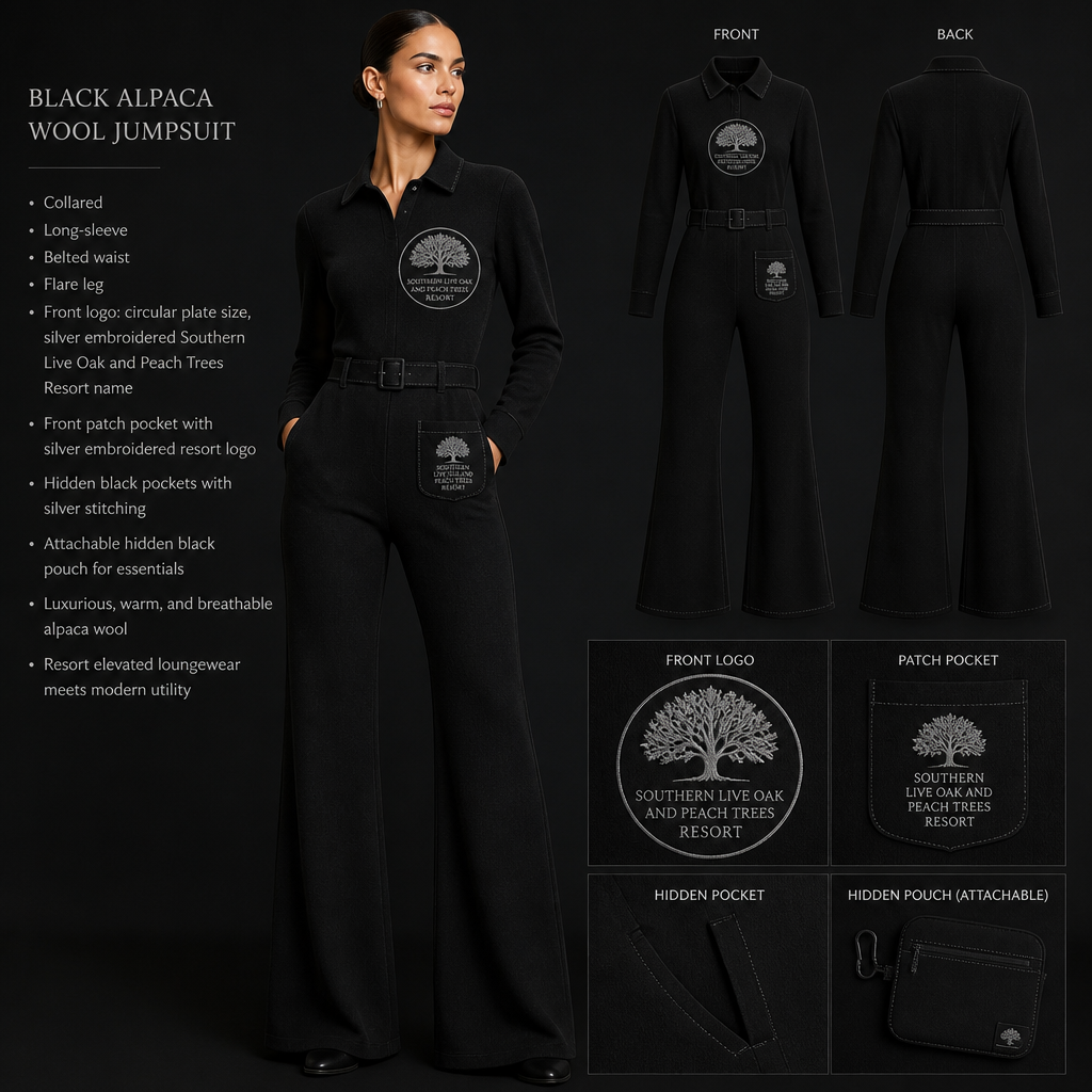 Black warm collared, belted, and stretchy long-sleeve timeless elegance professional flare leg jumpsuit made of alpaca wool with silver cursive font embroidered "Georgian Crystal at Blue Ridge Resort" logo pocket with silver stitching, then add hidden black pockets. Make sure non-sheen pockets have silver stitching. Include an attachable hidden black pouch to hold pens, a small pen pad, front office cordless phone, and front office keys. Large logo should include a silver-stitched only Southern Live Oak Tree with Spanish Moss and Peach Trees with fallen peaches, influenced by the Atlanta skyline on the front chest area only, and The entire front chest logo size should be the size of a circular plate, including the resort name within the circular plate only. Create a design for women in the front office only. Show this design on a plus-size model. Remove embroidery from everywhere except breast area pocket
Black alpaca wool jumpsuit. Collared, belted, flare leg, long-sleeve. Front logo: circular plate size, silver embroidered Southern Live Oak and Peach Trees, resort name. Front patch pocket with silver embroidered resort logo. Hidden black pockets with silver stitching. Attachabe hidden black pouch for essentials.