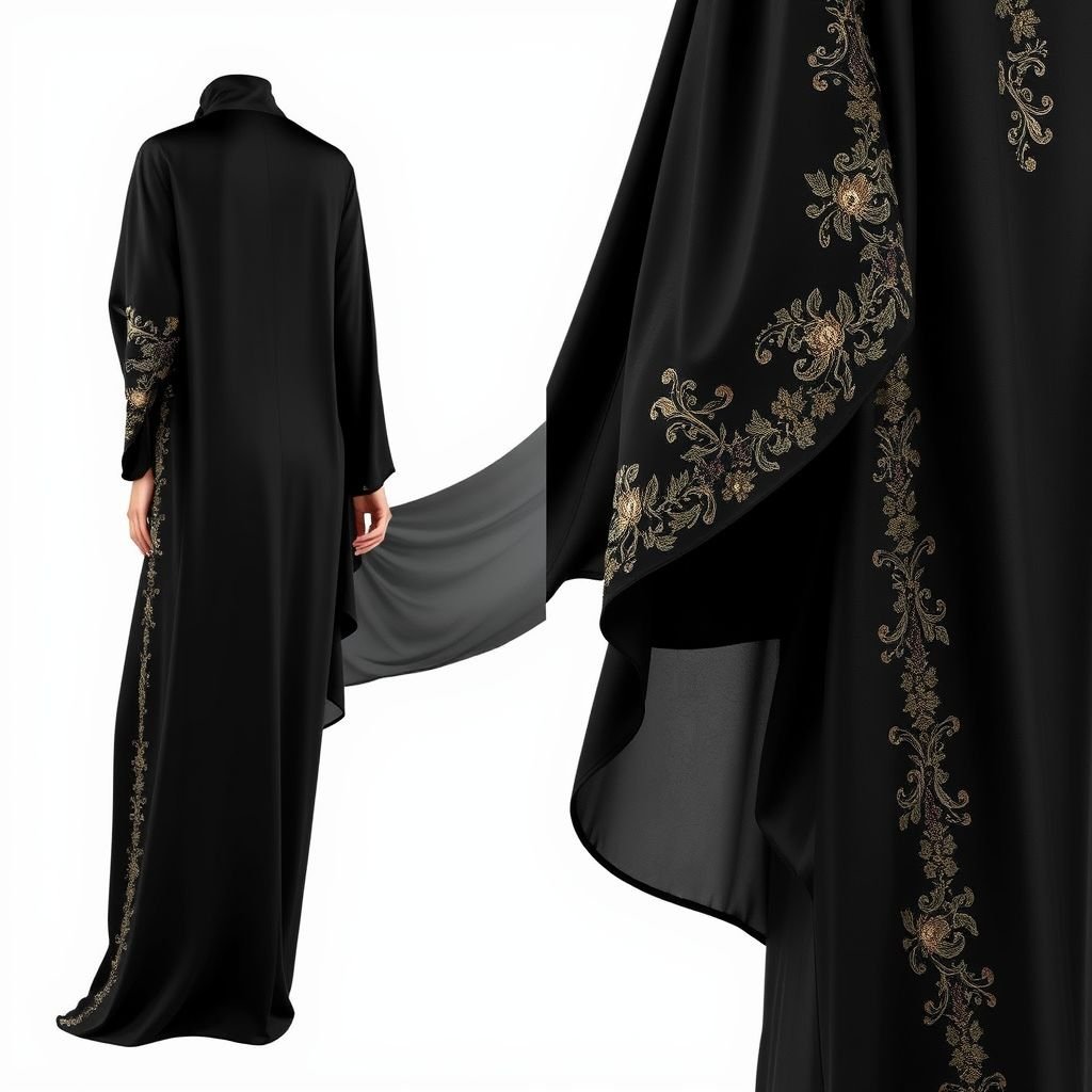 Black saudi Women's Abaya Design
Luxurious black silk abaya, flowing silhouette with intricate gold embroidery along the sleeves and hemline. Elegant high neckline, subtle side slits for movement. Soft, structured fabric drapes gracefully, creating an air of sophistication. Ornate, embellished detailing includes delicate floral motifs, reflecting cultural heritage. Effortless elegance meets modern refinement in this timeless piece.