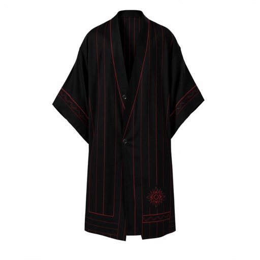 Design a men's kimono with a futuristic aesthetic, blending minimalist. Line vertical and a few line red . Pinstripe. Shaman futuristic. Black 