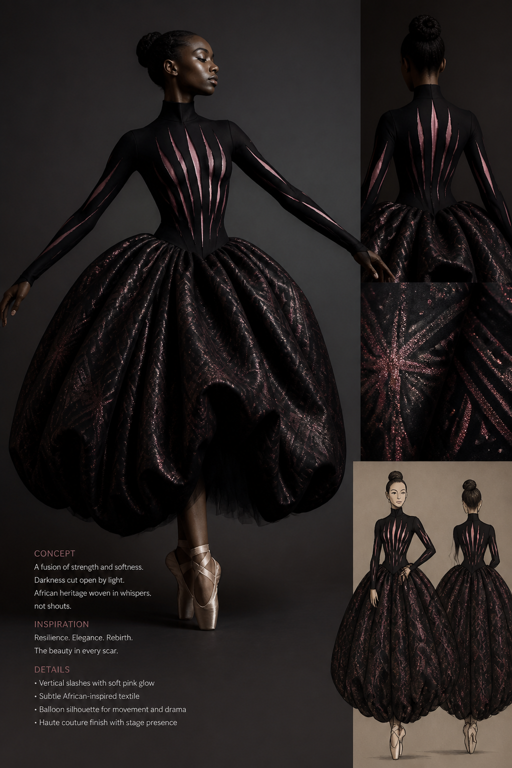 I want a ballet outfit. A long sleeve shirt to with a beautiful skirt to match but I want the skirt part to have like an African element or shine/ sparkle element. If you doing the African element I don’t want it too obvious and in your face, I want it subtle. For the top part I want it to be black the have vertical slashes as like you’ve been cut but in those slash spaces must show lights of pink, I want a big skirt not flat kinda like the ballon skirts that are trending
I want a ballet outfit. A long sleeve shirt to with a beautiful skirt to match but I want the skirt part to have like an African element or shine/ sparkle element. If you doing the African element I don’t want it too obvious and in your face, I want it subtle. For the top part I want it to be black the have vertical slashes as like you’ve been cut but in those slash spaces must show lights of pink, I want a big skirt not flat kinda like the ballon skirts that are trending , haute couture style