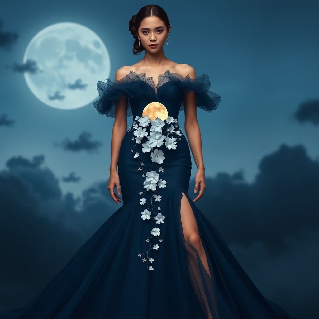 Organza & Tulle – for the cloud-like upper bodice.in dark blue. Bodice: The top of the gown has an off-shoulder, cloud-like structure on the right, meant to represent fluffy clouds floating gently at dusk. The texture is soft and voluminous, enhancing the airy effect.

Moon Element: At the center-top of the bodice, there is a white circular area symbolizing the moon—calm, glowing, and centered between the clouds.

Waist Details: The midsection is adorned with intricate white floral embellishments, which include sakura (cherry blossom) flowers. These delicate flowers add a touch of romanticism and subtle symbolism, linking nature’s beauty with the garment's celestial theme.

Skirt: The bottom half of the dress flows into a dramatic, flared mermaid silhouette with open front slits. The wide, trailing panels resemble mist or moonlight reflecting on a calm ocean, creating an illusion of movement and grace.

Ethereal gown in dark blue, featuring a cloud-like organza and tulle bodice. Off-shoulder design, reminiscent of dusk skies, voluminous and soft. A glowing white moon centerpiece, surrounded by floating clouds. Intricate white sakura embellishments at the waist, romantic and delicate. Dramatic mermaid skirt with open front slits, fluid and graceful.