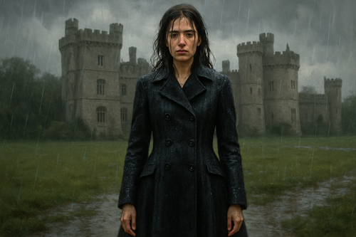 A woman. She got wet in the rain on her way to her castle in England and she was wearing this black coat. She is brunette and of medium height.