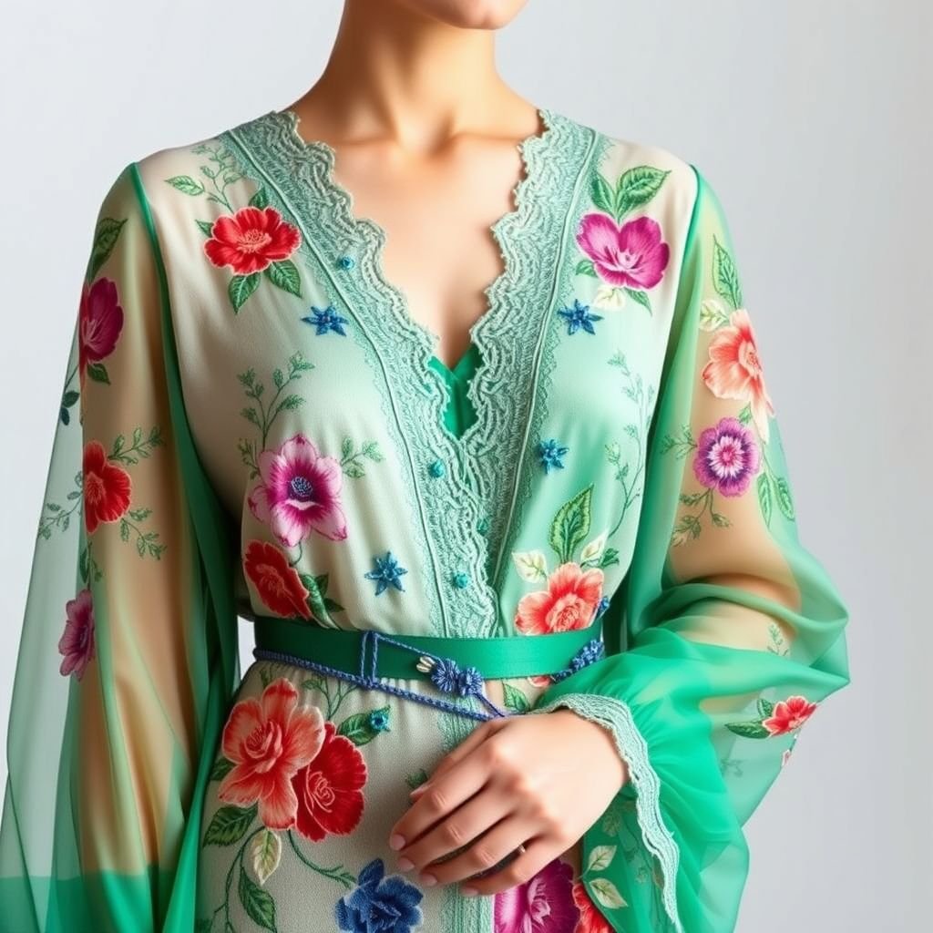 baju kebaya bali motif bunga, lengan panjang ,, kain bordir
Elegant Bali kebaya, rich floral motifs adorning delicate fabric, long sleeves cascading gracefully, intricate embroidery detailing throughout, vibrant hues of emerald green and sapphire blue, sheer overlay enhancing the ethereal quality, traditional lace trim accentuating the neckline, flowing silhouette harmonizing with cultural essence, a perfect blend of heritage and modern sophistication.