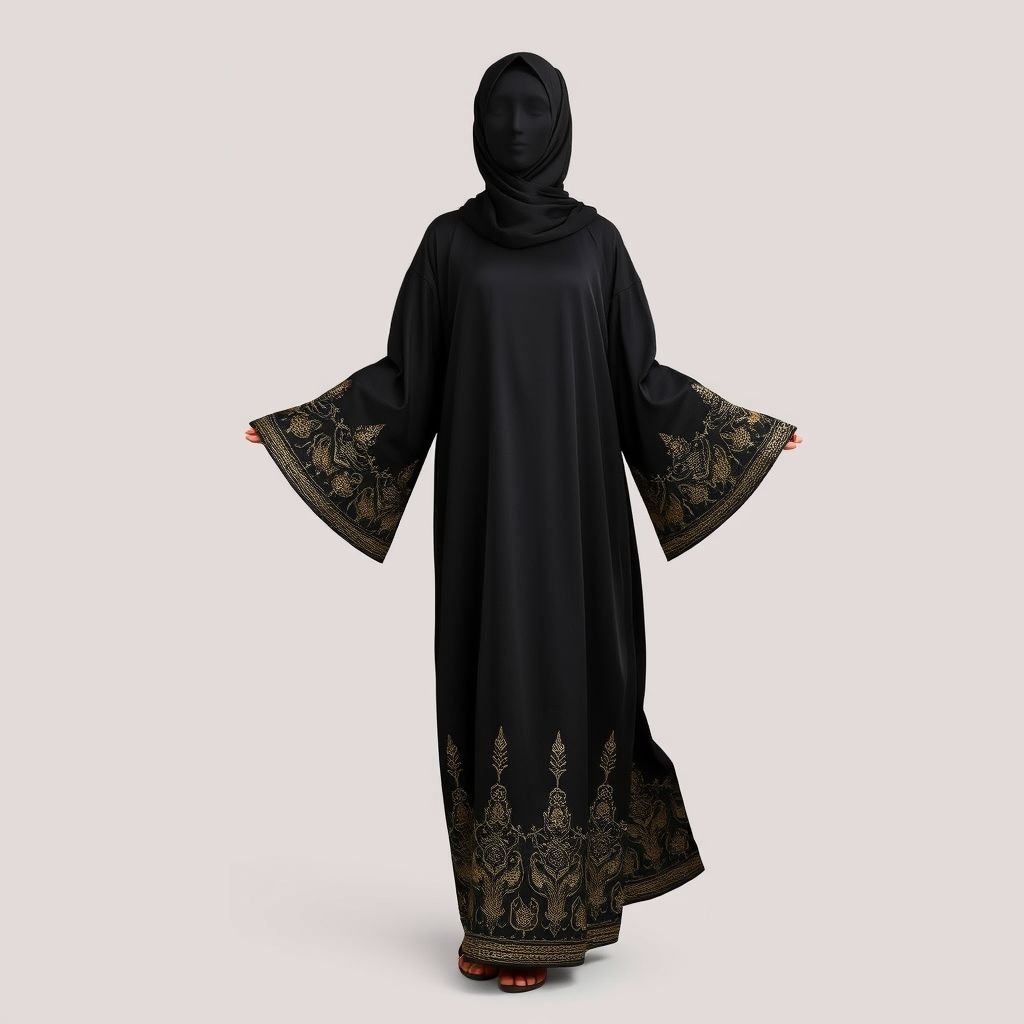 Black Arab Women's Abaya Design

Luxurious black silk abaya, flowing silhouette draped gracefully to the ankles. Intricate gold embroidery tracing elegant patterns along the sleeves and hem. Soft, lightweight fabric whispers movement. High collar adorned with delicate beadwork. Flared sleeves with subtle bell shape, creating an air of sophistication. Chic, modest, embodying timeless elegance and cultural richness.