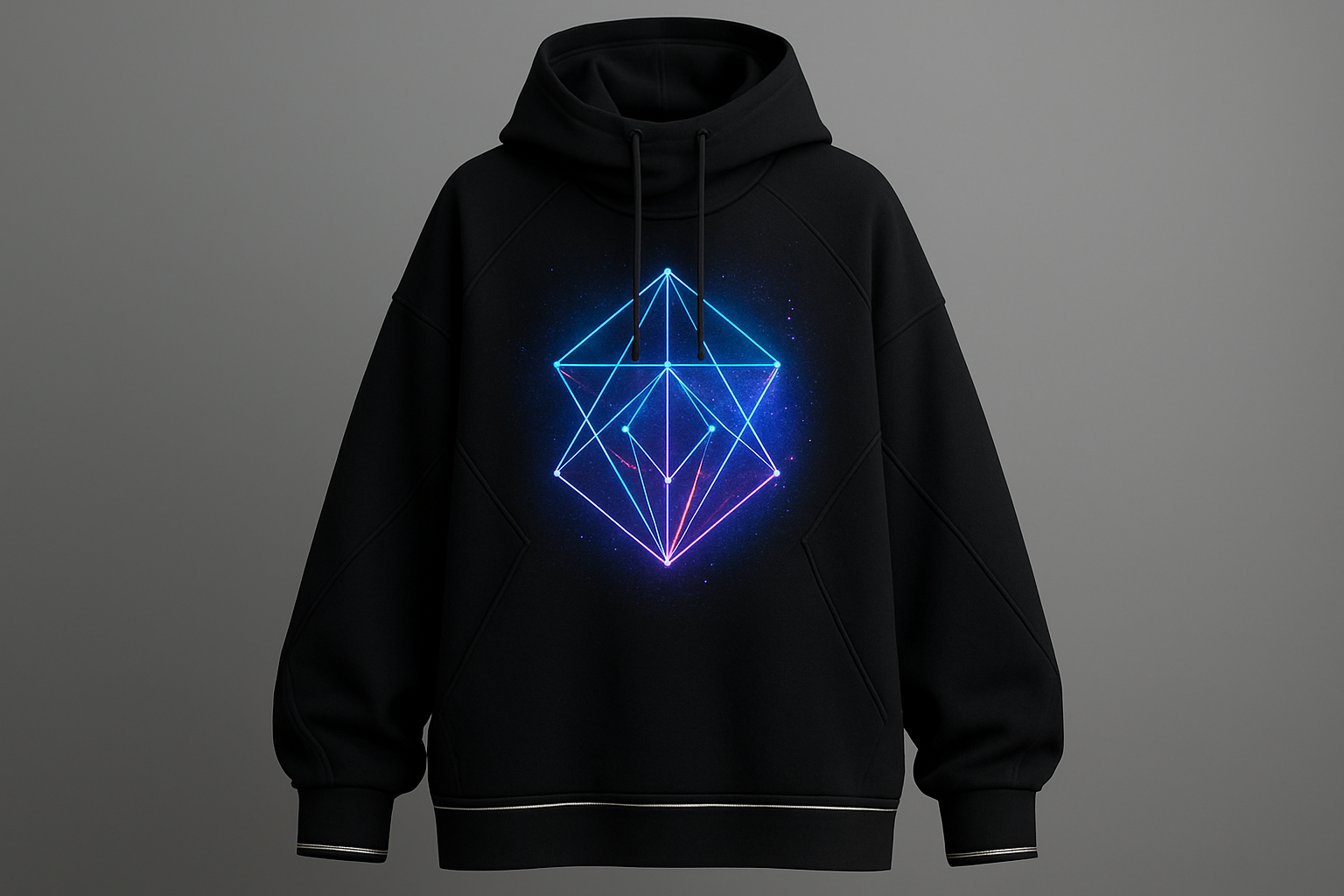 Create a  hoodie, inspired by the aesthetic of Into the AM. 
The designs should feature bold, futuristic, and cosmic-inspired artwork with vibrant gradients, 
psychedelic patterns, and streetwear edge. Each hoodie should feel like wearable art — blending 
comfort with statement visuals. Emphasize premium quality fabrics, oversized fits, and unique 
graphics that resonate with creative, tech-savvy, and visionary audiences. The brand identity 
should evoke themes of exploration, consciousness, and individuality. 

Futuristic fashion design: **Futuristic Hoodie: Oversized, black cotton. Features a cosmic-inspired graphic with vibrant blue-purple gradients and a geometric pattern. Sharp, angular seams define the silhouette. Loose fit, with a high-neck drawstring hood. Subtle metallic silver trim accents the cuffs and hem.**