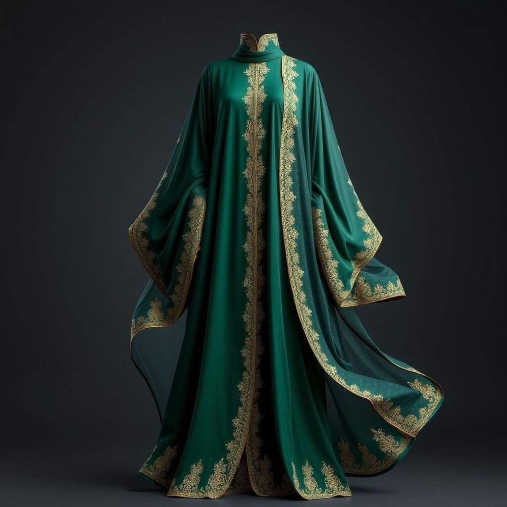 Arab women's abaya design
Luxurious silk abaya, flowing silhouette, deep emerald green, intricate gold embroidery cascading along sleeves and hem. Embellished with delicate crystal beadwork, high collar, and hidden pockets. Elegant draping, wide bell sleeves, layered under a sheer, patterned chiffon overlay. Traditional yet modern, celebrating modesty with sophistication and a touch of opulence.