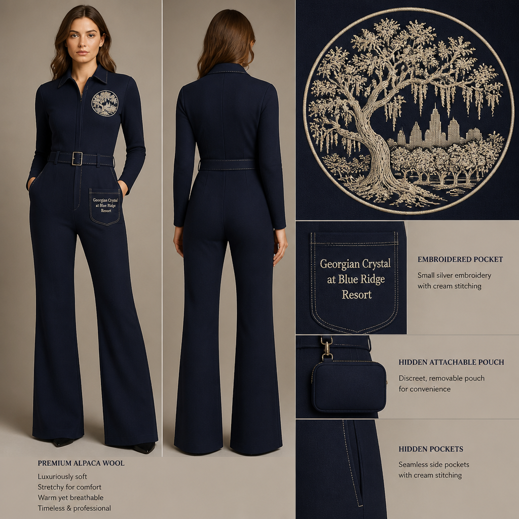 oxford navy warm collared, belted, and stretchy long-sleeve timeless elegance professional flare leg non jean jumpsuit made of alpaca wool with silver cursive font embroidered "Georgian Crystal at Blue Ridge Resort" logo pocket with cream stitching, then add hidden oxford navy pockets. Make sure non-sheen pockets have cream stitching. Include an attachable hidden navy blue pouch to hold pens, a small pen pad, front office cordless phone, and front office keys. Large logo should include a cream-stitched only Southern Live Oak Tree with Spanish Moss and Peach Trees with fallen peaches, influenced by the Atlanta skyline on the front chest area only, and The entire front chest logo size should be the size of a circular plate, including the resort name within the circular plate only. Create a design for women in the front office only.
Alpaca wool, collared, belted, flare leg jumpsuit. Classic silhouette. Solid navy, professional wear. Embroidered logos: small silver "Georgian Crystal at Blue Ridge Resort" on pocket with cream stitching, large circular plate-sized cream Southern Live Oak, Peach Trees, and Atlanta skyline on chest. Hidden navy pockets with cream stitching, hidden attachable pouch. Long-sleeve, stretchy.