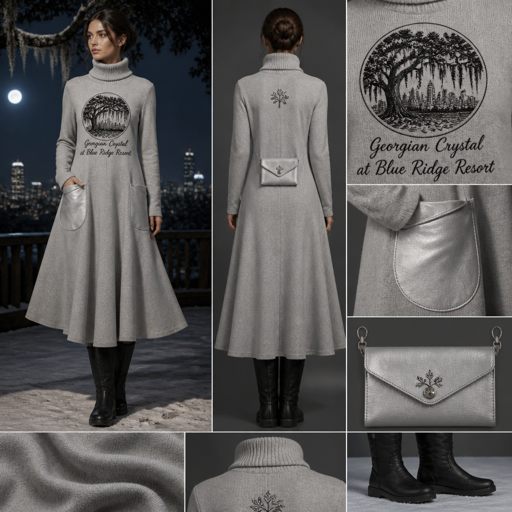Moonlight silver warm turtleneck long-sleeve timeless elegance flowy tailored shin-length dress made of alpaca wool with cursive font embroidered "Georgian Crystal at Blue Ridge Resort" on front logo with black stitching, then add silver pockets. Make sure non-sheen pockets have silver stitching. Include an attachable hidden silver pouch to hold pens, a small pen pad, front office cordless phone, and front office keys. Large logo should include a black-stitched only Southern Live Oak Tree with Spanish Moss and Peach Trees with fallen peaches, influenced by the Atlanta skyline on the front chest area only, and The entire front chest logo size should be the size of a circular plate. Create a design for women in the front office only. Include black knee-high professional snow-grade flat boots for front office team members who may need to visit the outside grounds of the resort in the snow. No laces on boots.
Moonlight silver alpaca wool turtleneck dress. Flowy A-line silhouette, shin-length. Cursive embroidered "Georgian Crystal at Blue Ridge Resort" with black stitching. Large circular logo on chest: black stitched Southern Live Oak Tree with Spanish Moss and Peach Trees with fallen peaches, Atlanta skyline influenced. Silver non-sheen pockets with silver stitching. Hidden attachable silver pouch. Black knee-high flat snow boots.