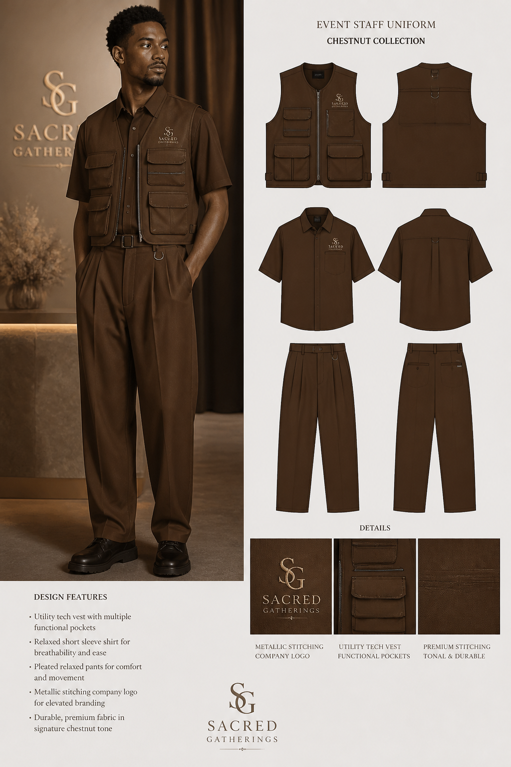 Men's chestnut-colored event staff uniform with utlity tech vest and relaxed pleated pants. Metallic stitching Company logo: Sacred Gatherings
Men's chestnut-colored event staff uniform with utlity tech vest and relaxed pleated pants. Metallic stitching Company logo: Sacred Gatherings