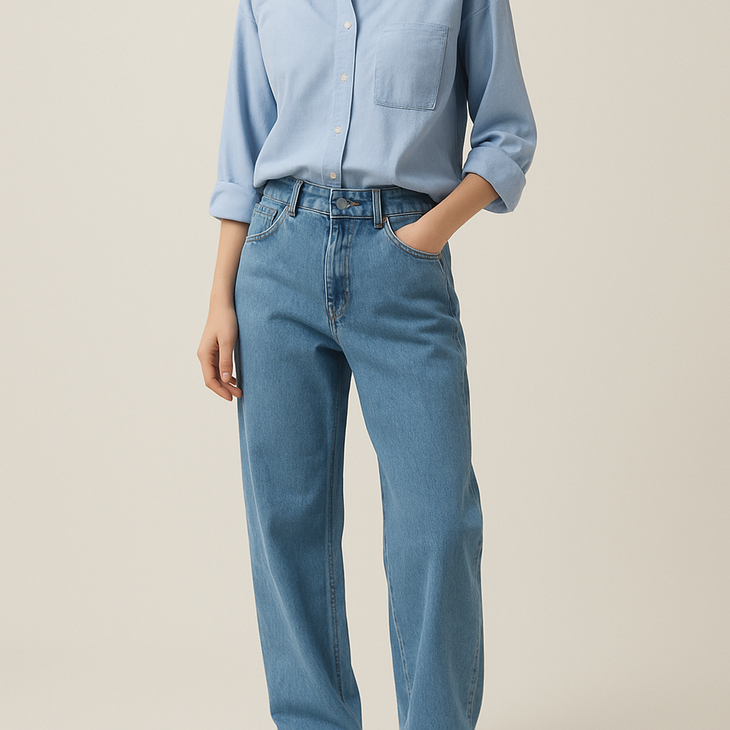 свободные джинсы, голубая рубашка и минималистичные кроссовки.
Loose denim jeans, light blue cotton shirt, and lace-up sneakers.