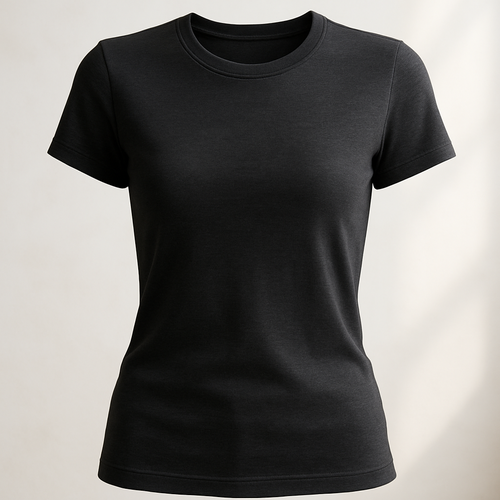 A premium women’s basic  black  colour  crew neck t-shirt,  slim fit, made of first-class high-quality cotton fabric with a soft luxurious texture, short sleeves, minimal and elegant design. Ghost mannequin hollow man style photography, the t-shirt looks 3D as if worn by an invisible model, perfectly shaped and realistic fit. Photographed in natural daylight, clean background, ultra-detailed premium cotton fabric texture, hyperrealistic stitches, 3D/4D depth of field close-up,  fashion e-commerce product photography aesthetic.
