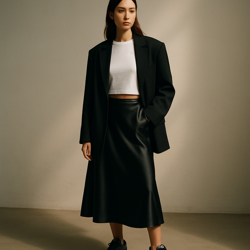 A luxury fashion editorial style full-body photo of a female model standing in a modern minimal setting. She wears a white crop t-shirt (same design as reference: plain, round neck, short sleeve, minimal cut), paired with a black satin midi skirt and a tailored black oversized blazer. Show the entire model from head to toe, do not crop the body. The look is styled as a total look outfit, elegant yet modern. The satin skirt should appear silky and fluid, the blazer structured and premium, and the white t-shirt crisp and minimal. Neutral clean background, cinematic daylight, high-quality fashion photography.