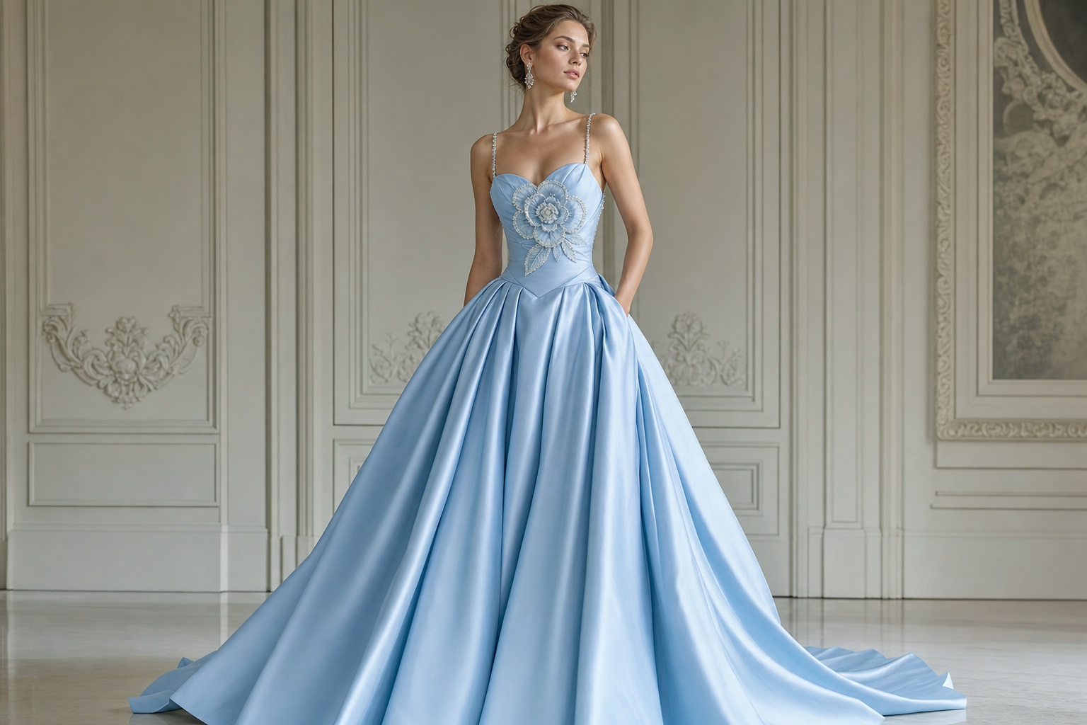 Sky blue long dress with rhinestone spaghetti straps tight on top long flowing on bottom. Camilla flower sky blue button on the top of the dress.
Haute Couture fashion design: Sky blue silk gown, fitted bodice, full skirt. Delicate rhinestone spaghetti straps. Embroidered camellia detail at bust.