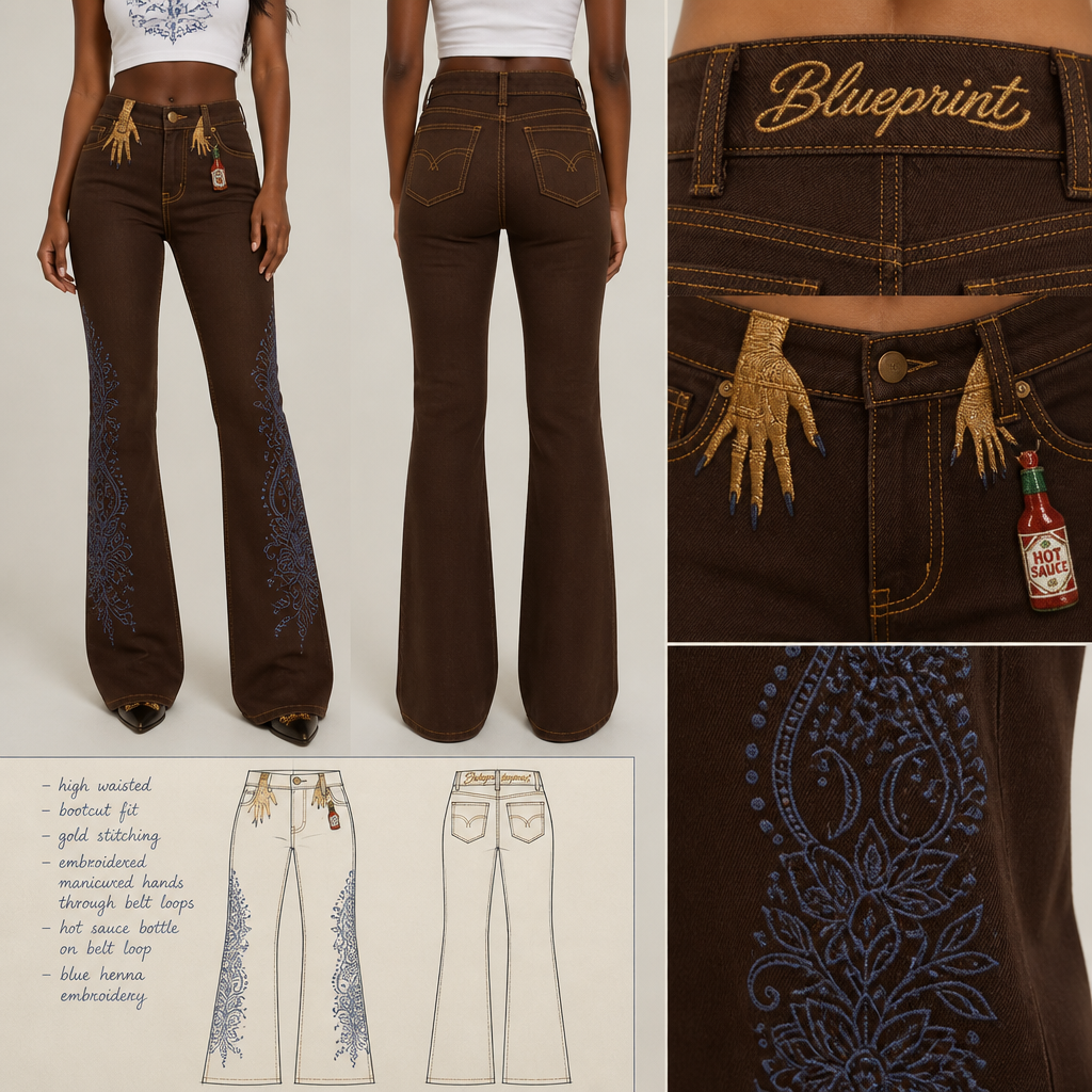 High-waisted chocolate brown bootcut jeans with gold stitching, blueprint embroidery in large cursive font spanning the entire belt band area, including gold embroidered women's manicured hands with long nails through front belt loops, add blue henna to pants legs and add embroidered hot sauce bottle hanging from 1 belt loop
High-waisted chocolate brown denim bootcut jeans. Gold stitching. Blueprint embroidery in large cursive font on belt. Gold embroidered manicured hands through front belt loops. Blue henna on pant legs. Embroidered hot sauce bottle on belt loop.