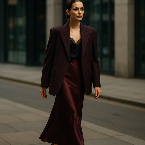High fashion editorial full body street shot of an elegant woman. She drapes a dark bordeaux wool oversized blazer over her shoulders, not worn, arms not inside sleeves, sleeves hanging naturally down, casually elegant. The fabric is dark bordeaux with single thin white vertical pinstripes, evenly spaced exactly like the reference texture, straight and orderly, no double stripes, soft luxurious wool texture. The blazer has a single button design, no chest pocket, only two flap pockets at the bottom. Underneath she wears a black lace camisole top, V-neck, delicate straps. She pairs it with a long dark bordeaux satin skirt with a soft sheen and fluid drape, and pointed-toe high heels. Confident elegant posture, cinematic soft lighting, modern city street background slightly out of focus, luxury fashion editorial, Vogue magazine aesthetic, full body visible, sharp focus.” The model should carry the jacket on her shoulders, not wearing her sleeves. The stylish woman walking down the street should look like she's a little cold and has her jacket on her shoulders.