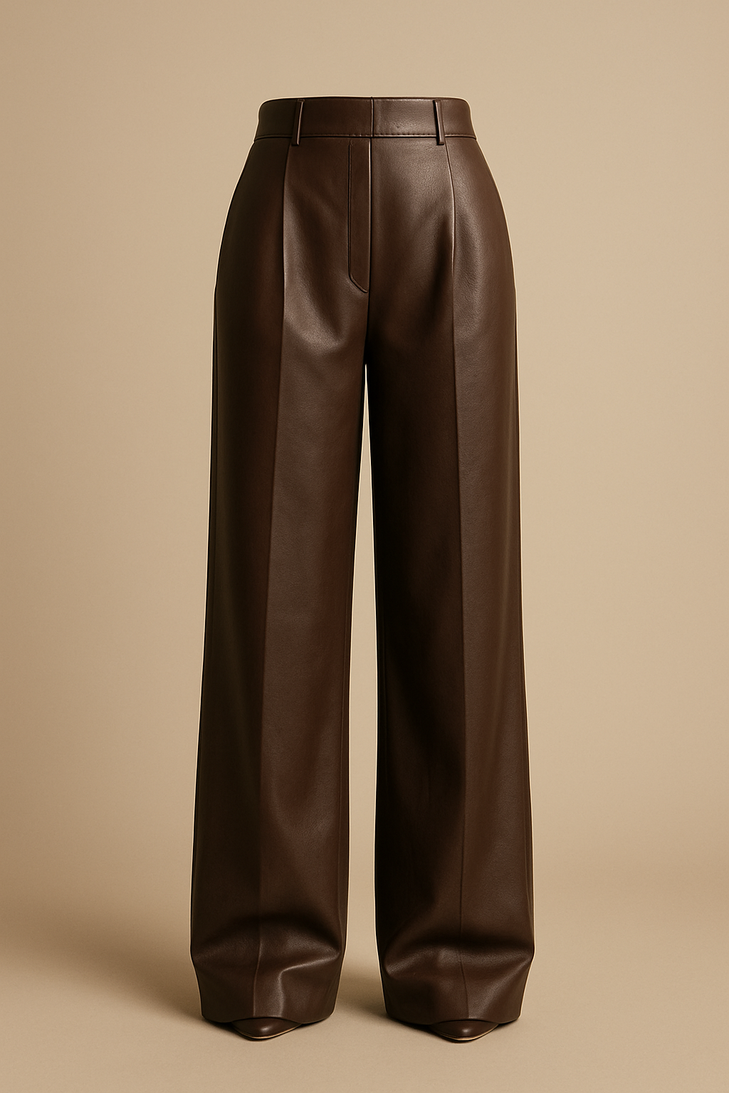 Realistic ghost mannequin photo of women’s high-waist, wide-leg leather pants in rich chocolate brown color. The pants appear suspended in midair with natural volume and flow — slightly soft drape through the legs and light folding near the ankle to show movement and fabric weight. Matte leather surface with smooth reflections and visible grain texture. Warm neutral studio background, soft lighting from upper left side for realistic depth. Luxury product photography aesthetic, high detail, elegant minimal composition.
Classic fashion design: Realistic ghost mannequin photo of women’s high-waist, wide-leg leather pants in rich chocolate brown. Slightly soft drape, light folding at the ankle. Matte leather with smooth reflections and visible grain. Warm neutral studio background, soft lighting. Classic fashion: tailored waist, elegant wide leg, sophisticated and enduring style.