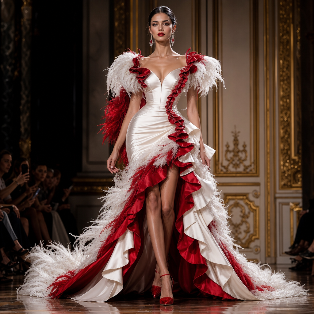 White long sleeve with white and red ruffles on sleeve white feathers at bottom sleeve. Long white dress short in front long in back white and red ruffles on bottom of dress with white feathers on bottom. Tight top of dress and flowing on bottom of dress. White shoe with red capped toe
Haute Couture fashion design: **Silhouette:** Fitted bodice, flowing skirt, high-low hem.
**Fabric:** Silk.
**Details:** Red and white ruffles with feathers on sleeves and skirt. Red capped-toe shoes.
**Fit:** Sculpted and dramatic.