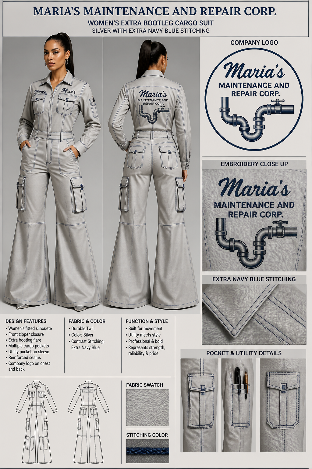 Women's extra bootleg silver colored cargo suit with company logo, extra navy blue stitching: Maria's Maintenance and Repair Corp. Include a picture of the plumbing system in the logo
Women's extra bootleg silver colored cargo suit with company logo, extra navy blue stitching: Maria's Maintenance and Repair Corp. Include a picture of the plumbing system in the logo