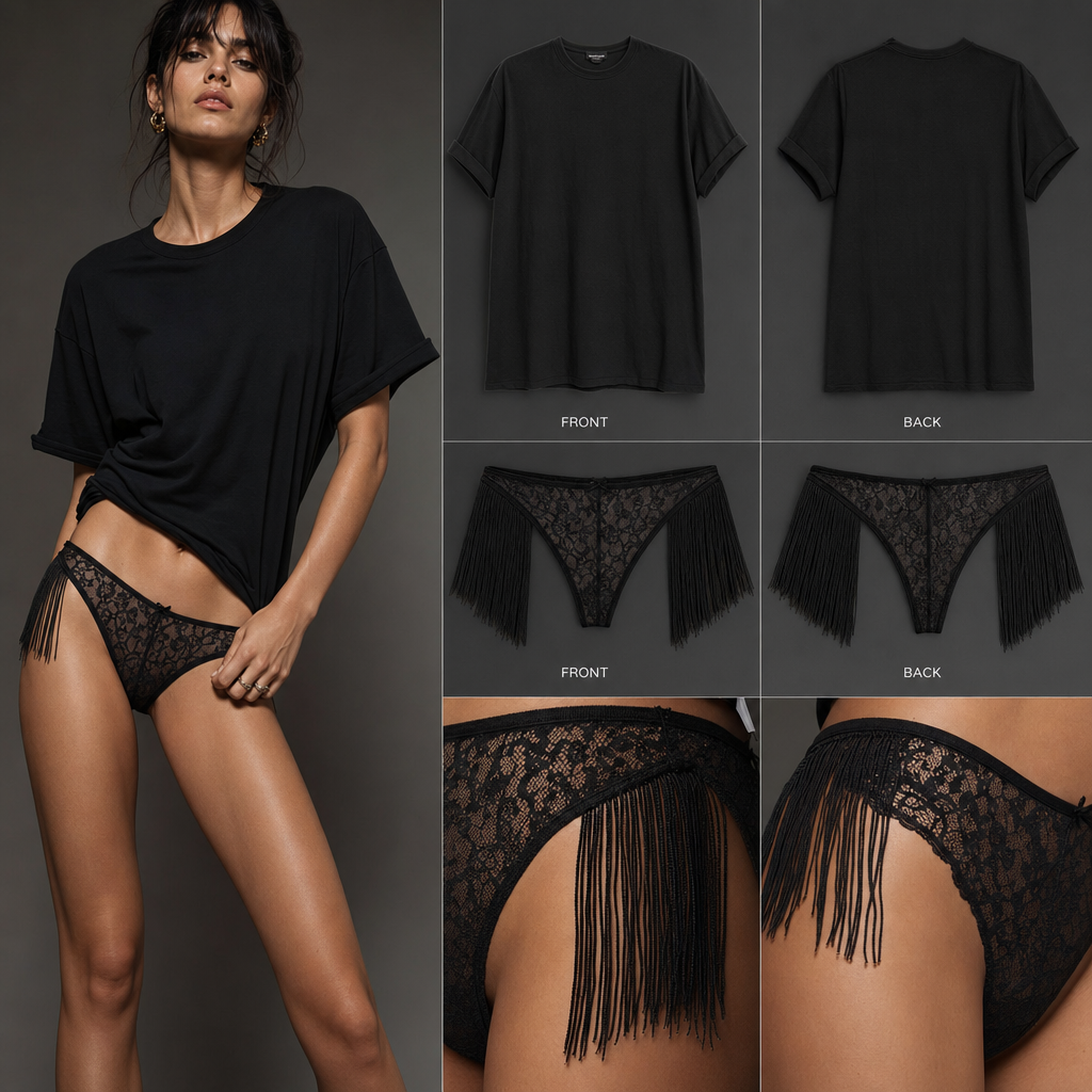 Black t shirt. Black lace underwear with fringes on sides of underwear.
Black t shirt. Black lace underwear with fringes on sides of underwear., contemporary style