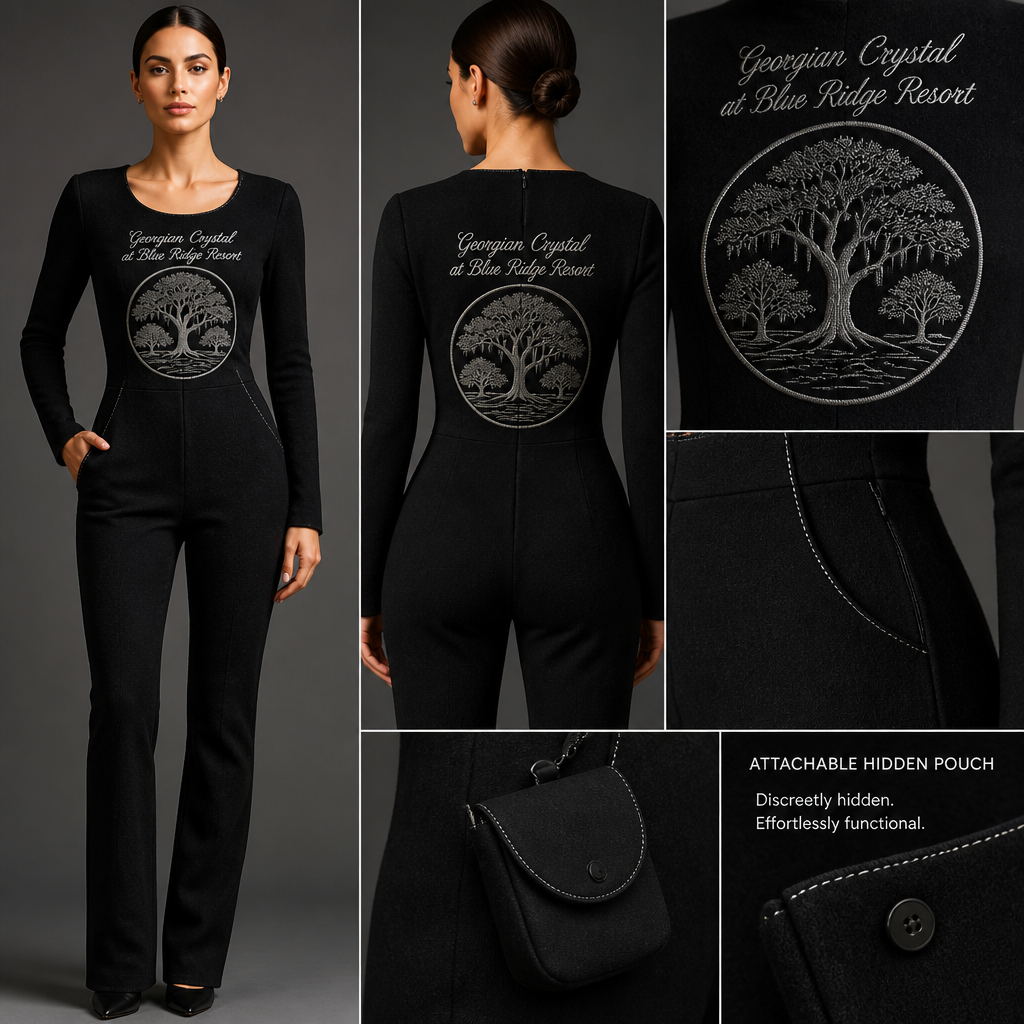 Black warm scoop neck long-sleeve timeless elegance tailored jumpsuit made of alpaca wool with silver cursive font embroidered "Georgian Crystal at Blue Ridge Resort" on front logo with silver stitching, then add hidden black pockets. Make sure non-sheen pockets have silver stitching. Include an attachable hidden black pouch to hold pens, a small pen pad, front office cordless phone, and front office keys. Large logo should include a silver-stitched only Southern Live Oak Tree with Spanish Moss and Peach Trees with fallen peaches, influenced by the Atlanta skyline on the front chest area only, and The entire front chest logo size should be the size of a circular plate, including the resort name. Create a design for women in the front office only.
Black alpaca wool, scoop neck, long-sleeve, tailored jumpsuit. Full-length, fitted silhouette. Embroidered "Georgian Crystal at Blue Ridge Resort" in silver, cursive. Large circular logo with silver-stitched Southern Live Oak and Peach Trees. Hidden black pockets with silver stitching. Attachabe hidden black pouch.