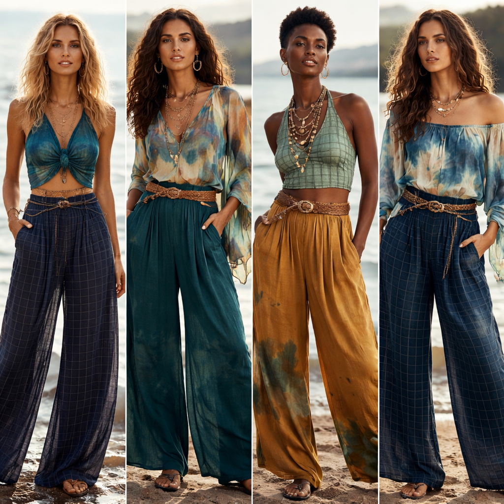 Colección basada en la insoportable levedad del ser, con representación de agua (leve y pesado) , con morfología de alta costura y rubro casual wear. Con tinte punk de los 80 cuadrille
Bohemian fashion design: Flowy silhouettes in cotton and silk, inspired by water. Casual yet elegant, with high-waisted wide-leg pants and loose tops. Earthy tones: deep blues, greens, and ochre. Hints of 80s punk grid patterns for an unexpected edge.