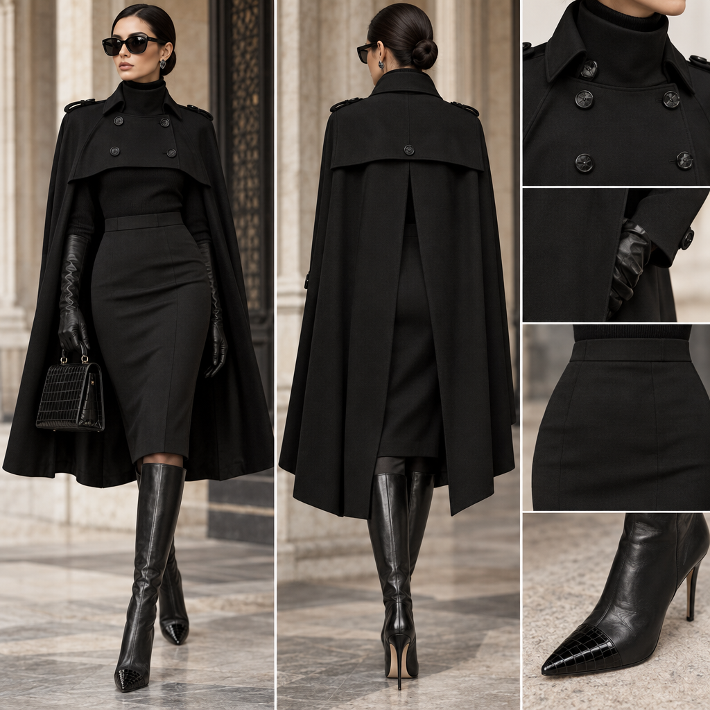 Black long sleeve turtleneck cape trench jacket with Black buttons on cape black pencil skirt and knee high black leather boots with black crocodile cap toe.
Black long sleeve turtleneck cape trench jacket with Black buttons on cape black pencil skirt and knee high black leather boots with black crocodile cap toe., haute couture style