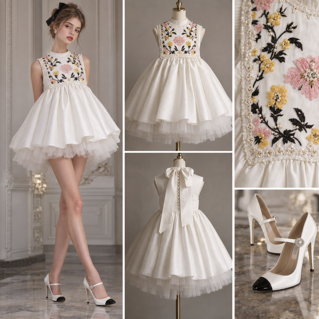 White short baby doll dress with white tulle underneath and pink and yellow and black embroidered flowers on bib. white high heel Mary Jane shoes with rhinestone button on strap and black cap toe.
White short baby doll dress with white tulle underneath and pink and yellow and black embroidered flowers on bib. white high heel Mary Jane shoes with rhinestone button on strap and black cap toe., haute couture style