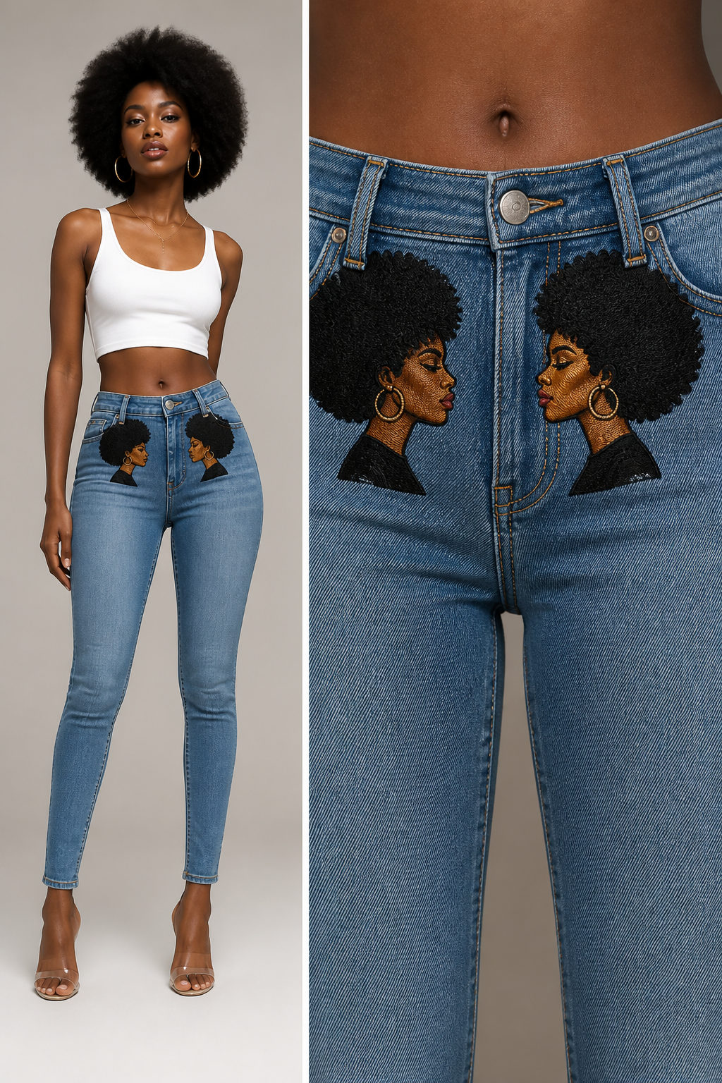 Skinny jeans with black women afro embroidered on the jeans waist area
Skinny jeans with black women afro embroidered on the jeans waist area