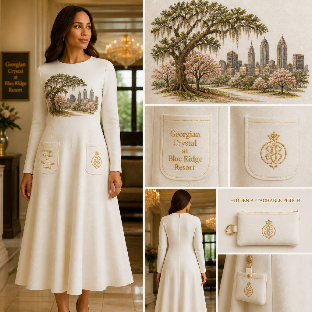 White warm long-sleeve drape tailored dress made of alpaca wool with "Georgian Crystal at Blue Ridge Resort" cursive font embroidered front logo with gold stitching, then add white pockets. Make sure pockets have gold stitching. Include an attachable hidden white pouch to hold pens, a small pen pad, front office cordless phone, and front office keys. Large logo should include an embroidered Southern Live Oak Tree with Spanish Moss and Peach Trees with fallen peaches influenced by the Atlanta skyline on the front chest area only. Create a design for women in the front office only
White alpaca wool long-sleeve A-line dress with drape. Embroidered "Georgian Crystal at Blue Ridge Resort" logo with gold stitching. White patch pockets with gold stitching. Large embroidered Southern Live Oak, Spanish Moss, and Peach Trees against an Atlanta skyline design on front chest. Hidden attachable white pouch. For women.