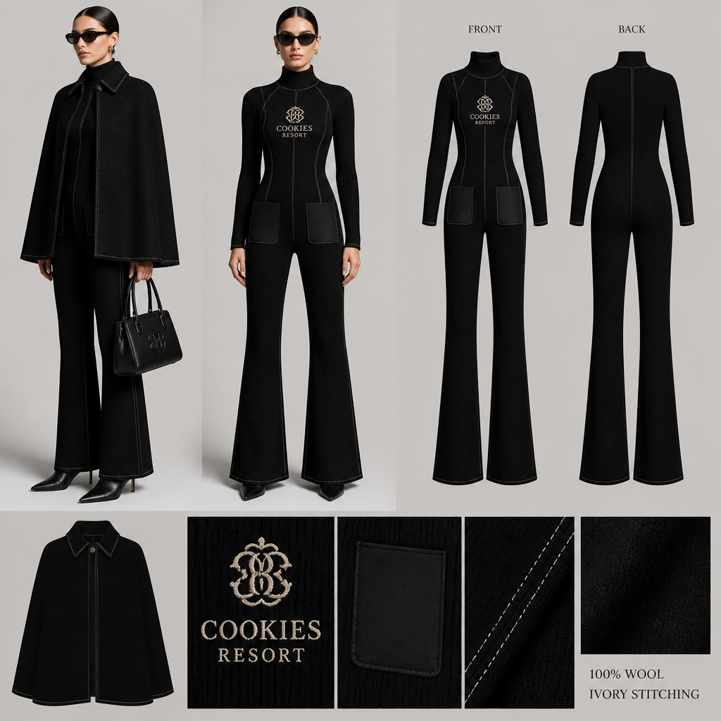 all black warm wool long sleeve cape same length front and back bootcut sweater jumpsuit with cookies resort logo and ivory stitching, then add black pockets. make sure pockets have black stitching
Black wool long sleeve cape, same length front and back. Wool bootcut sweater jumpsuit with cookies resort logo and ivory stitching. Black patch pockets with black stitching.