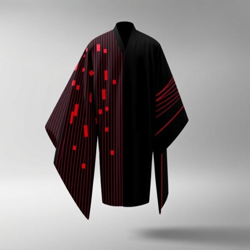 Design a men's kimono with a futuristic, minimalist aesthetic. On one side of the kimono, feature vertical lines in varying widths and lengths, randomly placed in red, creating a dynamic and fluid pattern. The other side should remain clean and simple, maintaining a sleek, modern silhouette. The base color should be black, with the red lines adding contrast and energy to one side. The overall design should combine a modern, shamanic feel, blending tradition with innovation, and evoke both spiritual and futuristic elements."