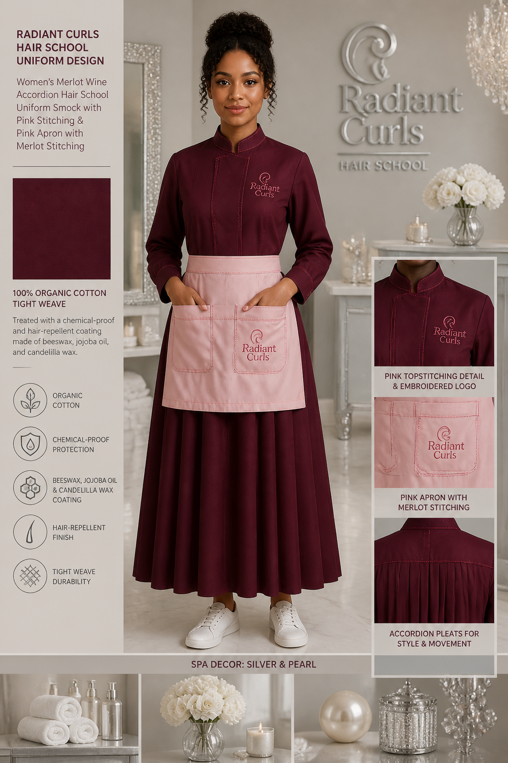 Women's Merlot wine ankle-length accordion hair school uniform smock with extra pink stitching. Include logo: Radiant Curls. Include a pink-colored apron with Merlot wine stitching. Spa decor should be silver and pearl. Uniform fabric should be 100% organic cotton tight weave treated with a chemical-proof and hair-repellent coating made of beeswax, jojoba oil, and candelilla wax.
Women's Merlot wine ankle-length accordion hair school uniform smock with extra pink stitching. Include logo: Radiant Curls. Include a pink-colored apron with Merlot wine stitching. Spa decor should be silver and pearl. Uniform fabric should be 100% organic cotton tight weave treated with a chemical-proof and hair-repellent coating made of beeswax, jojoba oil, and candelilla wax.