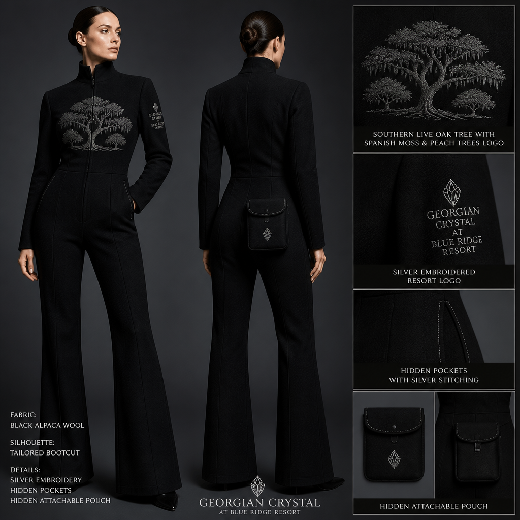 Black warm collared long-sleeve timeless elegance tailored professional bootcut jumpsuit made of alpaca wool with silver cursive font embroidered "Georgian Crystal at Blue Ridge Resort" on front logo with silver stitching, then add hidden black pockets. Make sure non-sheen pockets have silver stitching. Include an attachable hidden black pouch to hold pens, a small pen pad, front office cordless phone, and front office keys. Large logo should include a silver-stitched only Southern Live Oak Tree with Spanish Moss and Peach Trees with fallen peaches, influenced by the Atlanta skyline on the front chest area only, and The entire front chest logo size should be the size of a circular plate, including the resort name. Create a design for women in the front office only.
**Black alpaca wool jumpsuit.** **Bootcut silhouette, tailored cut, long-sleeve.** **Silver embroidered "Georgian Crystal at Blue Ridge Resort" logo.** **Hidden black pockets with silver stitching.** **Large silver-stitched Southern Live Oak Tree with Spanish Moss and Peach Trees logo on the chest.** **Includes a hidden black attachable pouch.**