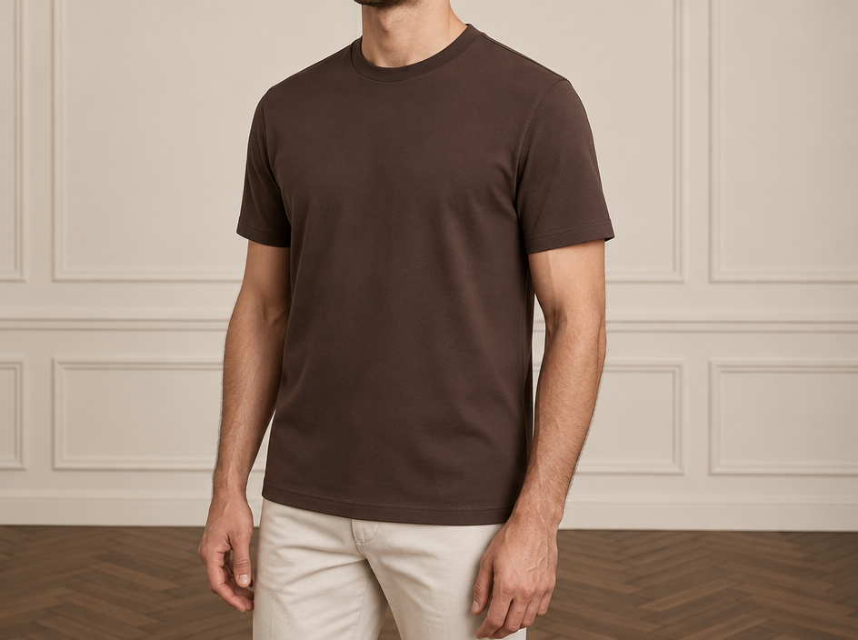 On-model photoshoot (studio)
Show the garment from the image worn by a professional fashion model standing in a professional photo studio with a clean seamless background and soft editorial lighting. Reproduce the garment's exact design, color, fabric and details faithfully. Full-body shot, photorealistic, no text. Additional instructions: Premium men's fashion e-commerce product photography of a mercerized cotton T-shirt, matching the reference composition, body position, pose, camera angle and premium studio aesthetic.
COMPOSITION:
Upper-body fashion catalogue photograph.
Show the male model from approximately the LOWER CHIN / NECK AREA down to the UPPER THIGHS.
The face must remain completely outside the frame.
No eyes.
No nose.
No full face visible.
A small lower portion of the chin and neck may be visible.
The complete T-shirt must be clearly visible:
neckline,
shoulders,
chest,
sleeves,
side silhouette,
and bottom hem.
The T-shirt must occupy the majority of the image and remain the dominant visual focus.
POSE — CRITICAL:
Reproduce the same premium catalogue body orientation as the reference.
The model stands in a subtle natural three-quarter position relative to the camera.
The body must NOT be completely front-facing.
The LEFT SHOULDER is positioned slightly FORWARD and CLOSER TO THE CAMERA.
The RIGHT SHOULDER is positioned slightly farther BACK.
The left side of the torso is therefore slightly closer to the camera.
The torso has a subtle, elegant rotation of approximately 10–20 degrees.
Do NOT mirror the pose.
Do NOT place the right shoulder forward.
Do NOT create a strong side profile.
Do NOT make the body completely frontal.
Both arms hang naturally and completely straight down alongside the body.
Both hands remain relaxed beside the upper thighs.
Fingers are naturally relaxed.
No hands in pockets.
No crossed arms.
No bent arms.
No touching the T-shirt.
No pulling the hem.
No adjusting the sleeves.
No fashion gestures.
The pose must look calm, masculine, natural and sophisticated.
T-SHIRT — ABSOLUTE PRODUCT PRESERVATION:
Use the EXACT T-shirt from the supplied source image.
Preserve the exact:
color,
shade,
silhouette,
fit,
length,
shoulder width,
chest width,
sleeve length,
sleeve width,
neckline shape,
collar construction,
bottom hem,
stitching,
seams,
and all original construction details.
Do NOT redesign the T-shirt.
Do NOT change its original color.
Do NOT change its fit.
Do NOT make it tighter.
Do NOT make it oversized.
Do NOT shorten or lengthen the sleeves.
Do NOT change the neckline.
Do NOT add logos, prints or decorative details that are not present in the source product.
MERCERIZED COTTON — CRITICAL:
The T-shirt is made from premium MERCERIZED COTTON.
The fabric must clearly look like high-quality mercerized cotton rather than ordinary basic cotton.
Preserve a very smooth, refined and dense cotton surface.
The fabric should have a subtle natural silky luster characteristic of mercerized cotton.
The sheen must be delicate, elegant and realistic — NEVER glossy, shiny or synthetic-looking.
The material should appear:
smooth,
fine,
dense,
clean,
soft,
refined,
premium,
slightly silky,
and naturally structured.
Show the characteristic smooth surface and subtle light reflection of high-quality mercerized cotton.
The fabric should drape cleanly over the body while maintaining its shape.
Create realistic soft folds around the waist, sides and sleeves without excessive wrinkling.
The T-shirt must NOT look like:
cheap basic cotton,
rough cotton,
heavy jersey,
polyester,
satin,
silk,
plastic,
or shiny synthetic fabric.
No artificial gloss.
No wet-look effect.
No excessive reflections.
The texture must remain unmistakably natural cotton, but noticeably smoother and more refined than ordinary cotton jersey.
FIT:
Maintain the exact original fit of the source T-shirt.
The shoulder seams must sit naturally according to the original product.
The chest must fall naturally without artificial tightness.
The sleeves must preserve their original width and length.
The bottom of the T-shirt must fall naturally over the trousers.
Do NOT tuck the T-shirt into the trousers unless the original product reference specifically shows it tucked in.
TROUSERS:
Use clean premium trousers or jeans that naturally complement the specific color of the T-shirt.
Only the upper portion of the trousers should be visible at the bottom of the frame.
Choose a harmonious neutral shade appropriate for the T-shirt.
The trousers must remain secondary and must not distract from the T-shirt.
CAMERA AND FRAMING:
Premium upper-body product catalogue composition.
Crop from approximately the lower chin / neck area down to the upper thighs.
NO FACE VISIBLE.
The complete T-shirt must fit comfortably inside the frame.
Both shoulders must be visible.
Both sleeves must be completely visible.
Both arms and hands must be visible.
The complete bottom hem of the T-shirt must be visible.
Do not crop the shoulders.
Do not crop the sleeves.
Do not crop the T-shirt hem.
Camera positioned approximately at chest level.
Natural perspective.
No wide-angle distortion.
No exaggerated shoulders.
No distorted arms or hands.
STUDIO:
Elegant premium minimalist indoor studio matching the established reference aesthetic.
Warm light greige / off-white walls.
Classic subtle rectangular decorative wall moulding.
Dark warm brown wooden parquet floor with a refined herringbone pattern where visible.
Soft diffused natural-looking studio lighting.
The lighting should gently reveal the smooth mercerized cotton texture and its subtle natural luster.
Very subtle realistic shadows.
Neutral warm color temperature.
No furniture.
No decorations.
No props.
No plants.
No visible studio equipment.
IMAGE STYLE:
Ultra-photorealistic.
Premium European menswear e-commerce photography.
Natural male anatomy.
Realistic skin texture.
Highly realistic mercerized cotton texture.
Accurate fabric drape and folds.
Soft controlled lighting.
Clean premium catalogue aesthetic.
Understated luxury.
No excessive retouching.
No cinematic effects.
No dramatic lighting.
STRICT REFERENCE RULES:
MERCERIZED COTTON T-SHIRT IS THE MAIN PRODUCT.
PRESERVE THE EXACT ORIGINAL T-SHIRT.
PRESERVE EXACT COLOR, FIT, PROPORTIONS AND CONSTRUCTION.
SUBTLE NATURAL MERCERIZED COTTON LUSTER.
SMOOTH, DENSE, REFINED PREMIUM COTTON TEXTURE.
NEVER MAKE THE FABRIC GLOSSY OR SYNTHETIC.
LEFT SHOULDER FORWARD AND CLOSER TO CAMERA.
RIGHT SHOULDER SLIGHTLY BACK.
SUBTLE THREE-QUARTER BODY ROTATION.
NEVER MIRROR THE POSE.
NEVER MAKE THE MODEL COMPLETELY FRONT-FACING.
BOTH ARMS STRAIGHT DOWN.
BOTH HANDS RELAXED BESIDE THE THIGHS.
NO HANDS IN POCKETS.
NO FASHION GESTURES.
NO FACE VISIBLE.
CROP FROM LOWER CHIN / NECK TO UPPER THIGHS.
COMPLETE T-SHIRT VISIBLE.
WARM OFF-WHITE MOULDED STUDIO WALL.
DARK BROWN HERRINGBONE PARQUET FLOOR..